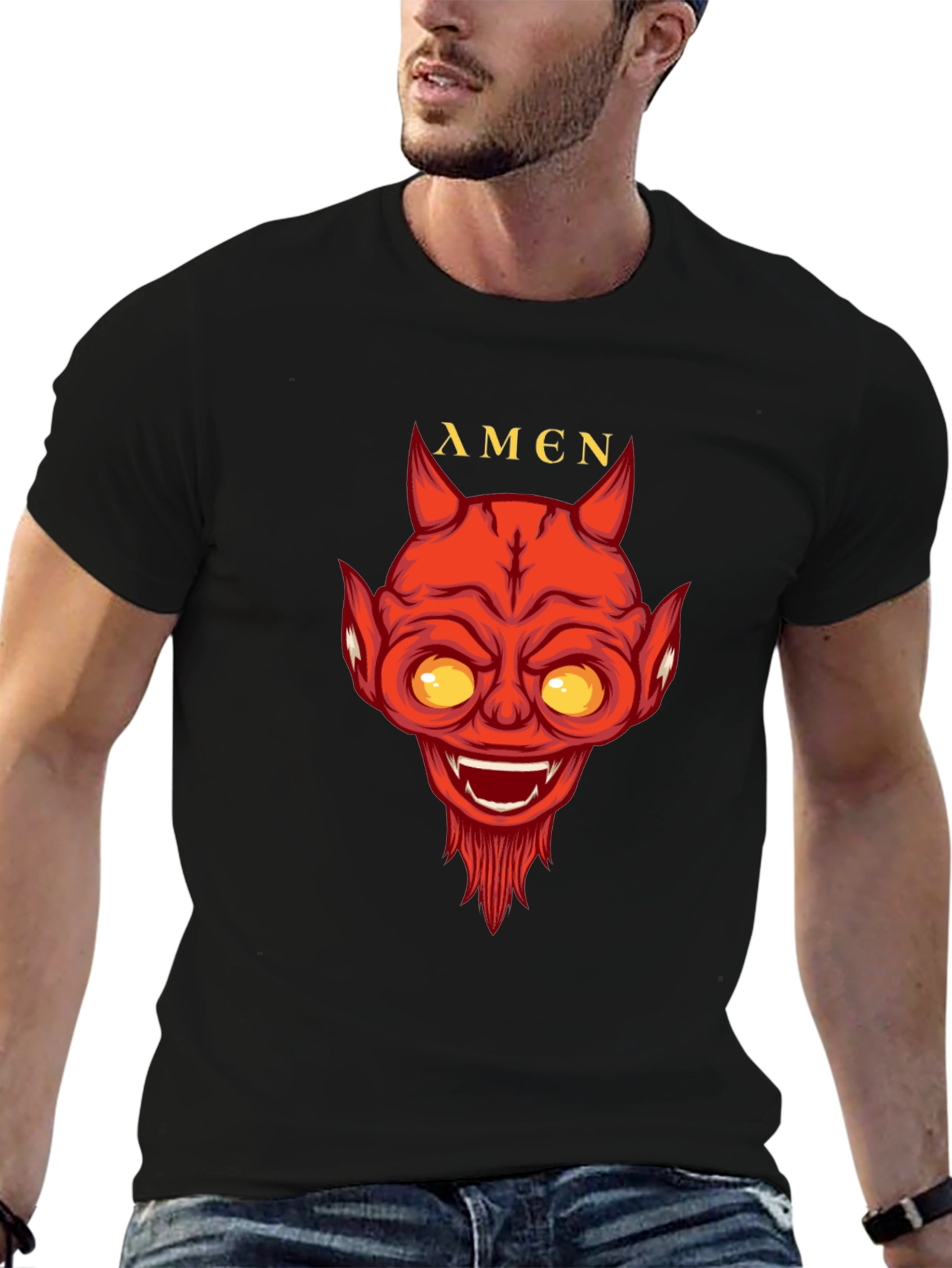 Devil Amen Graphic Print Black T-Shirt