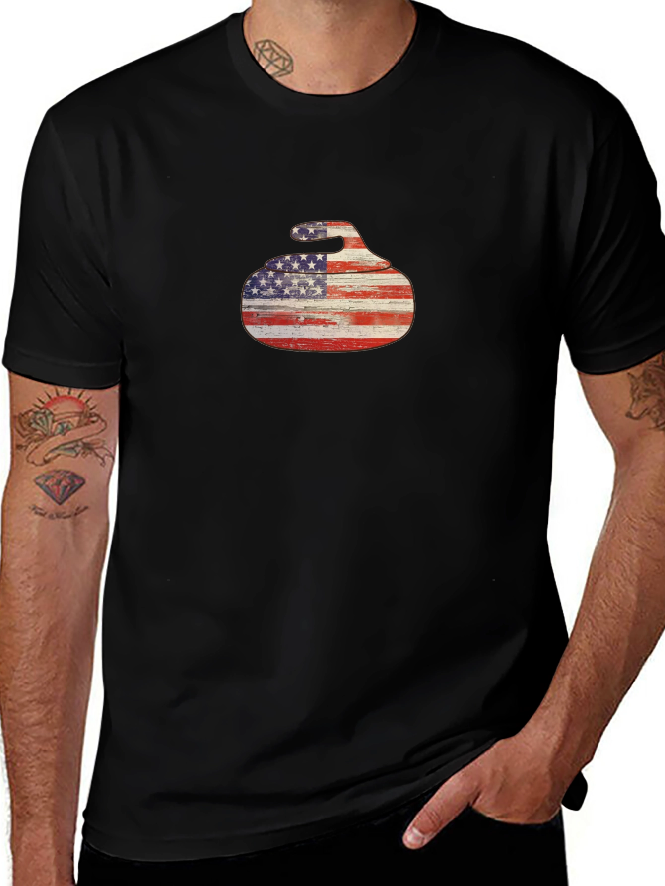 USA Flag Curling Stone Black T-Shirt