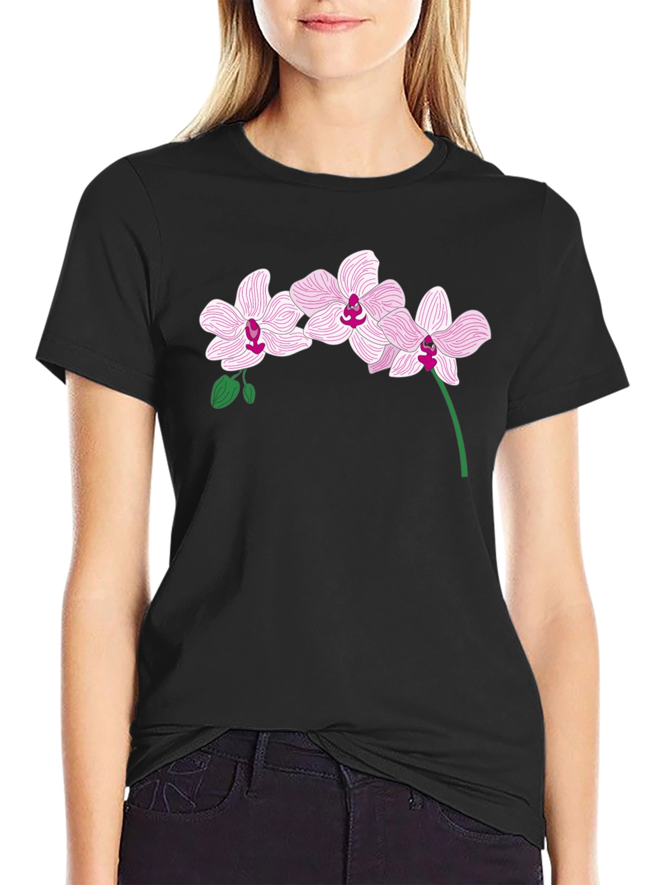 Orchid Flower Graphic T-Shirt - Black