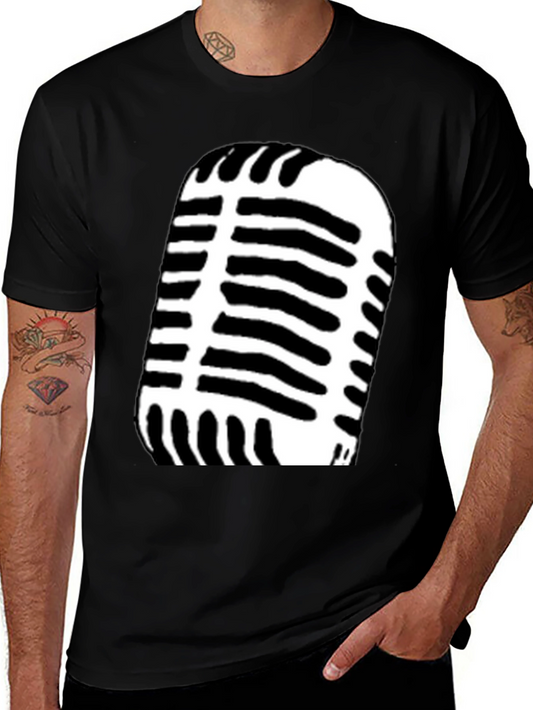 Retro Microphone Graphic Tee - Black Cotton Blend