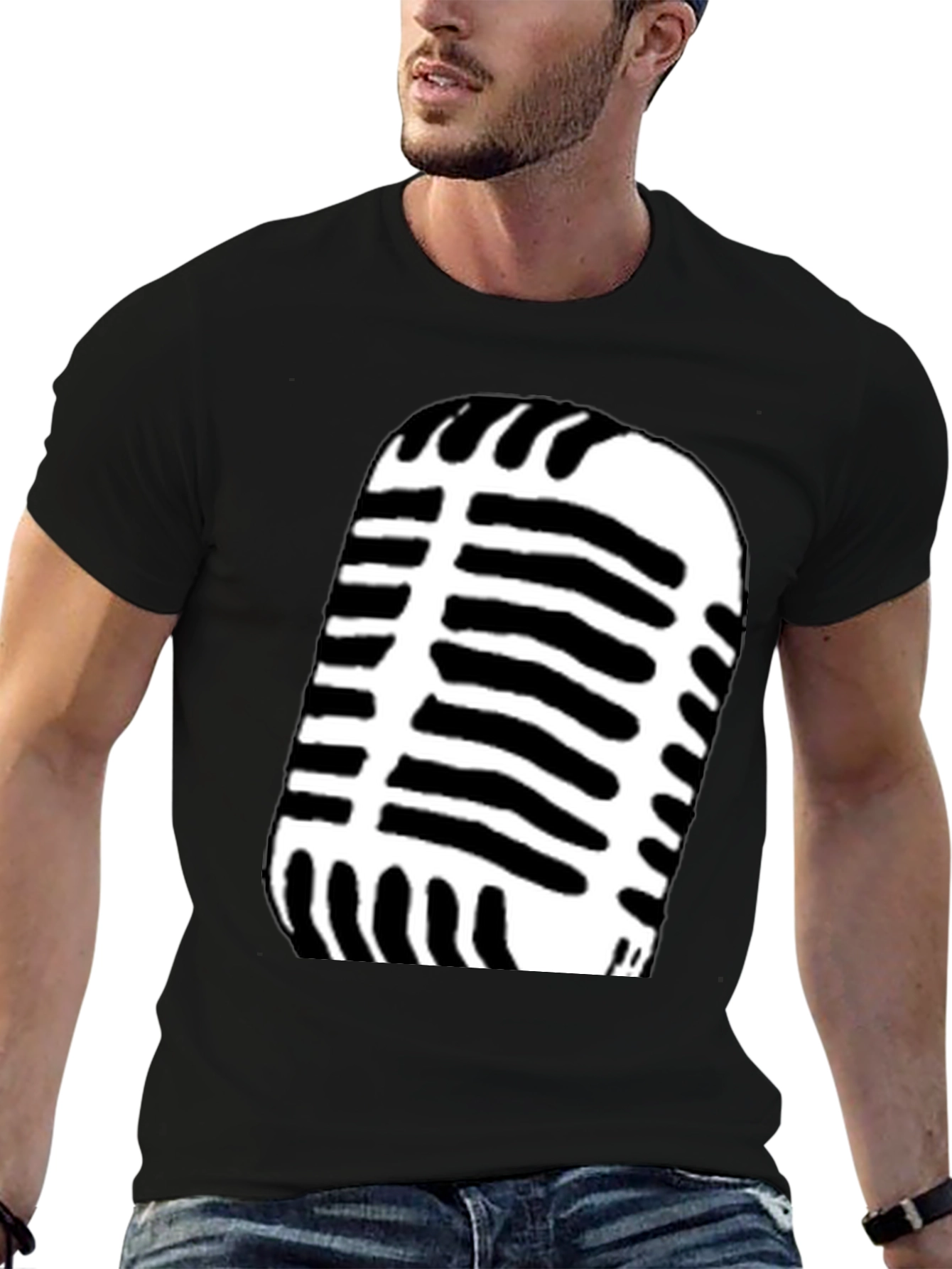 Retro Microphone Graphic Tee - Black Cotton Blend