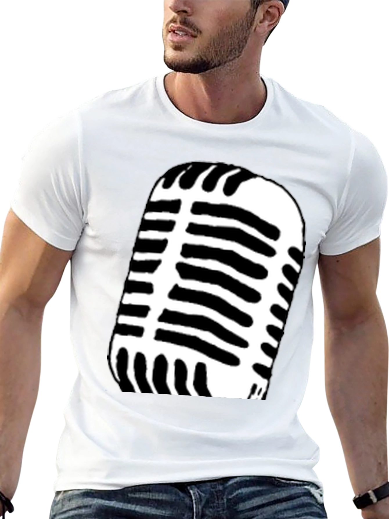 Retro Microphone Graphic Tee - Black Cotton Blend