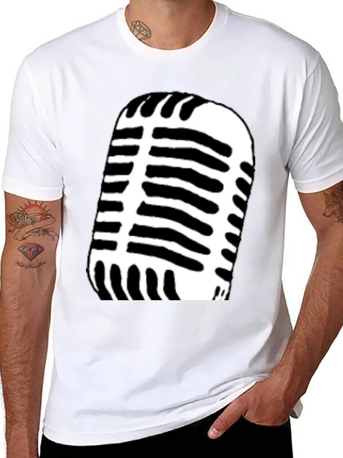 Retro Microphone Graphic Tee - Black Cotton Blend
