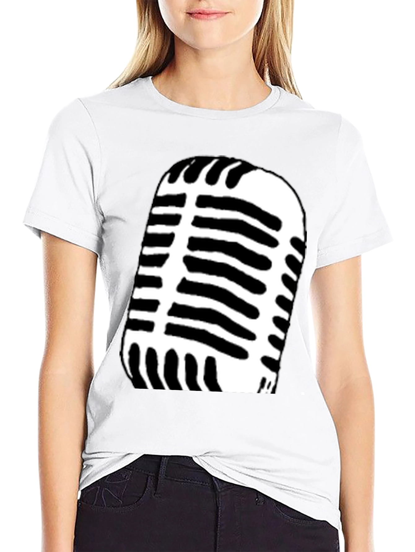 Retro Microphone Graphic Tee - Black Cotton Blend