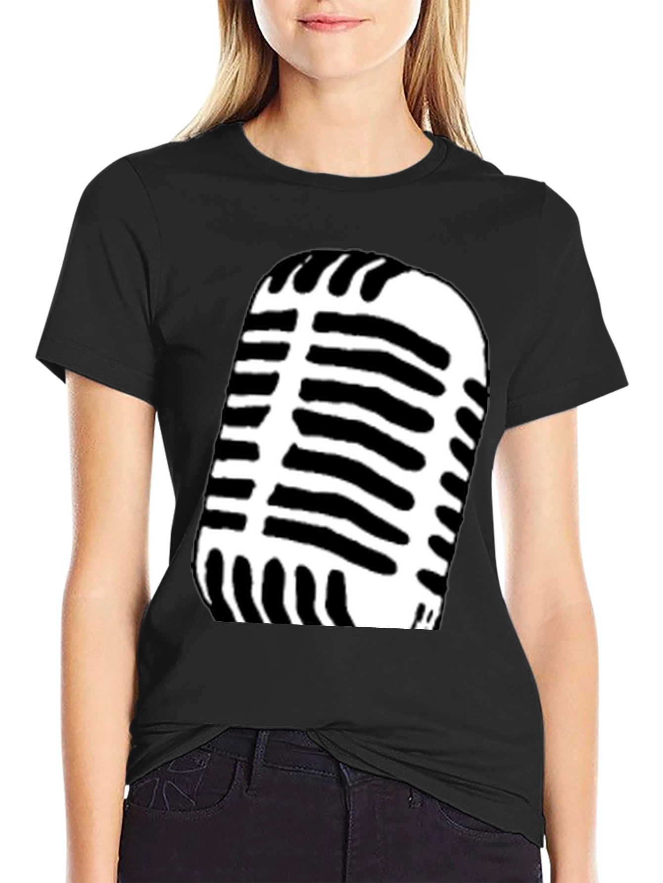 Retro Microphone Graphic Tee - Black Cotton Blend