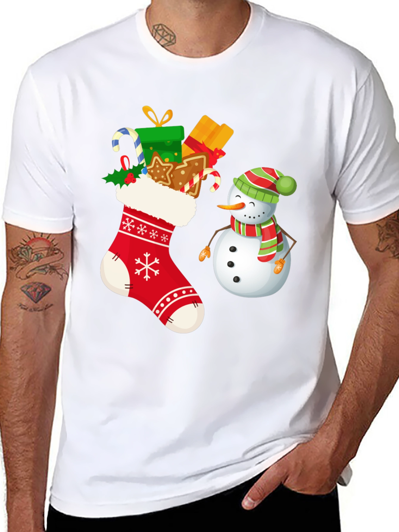 Festive Christmas Stocking & Snowman Graphic Tee