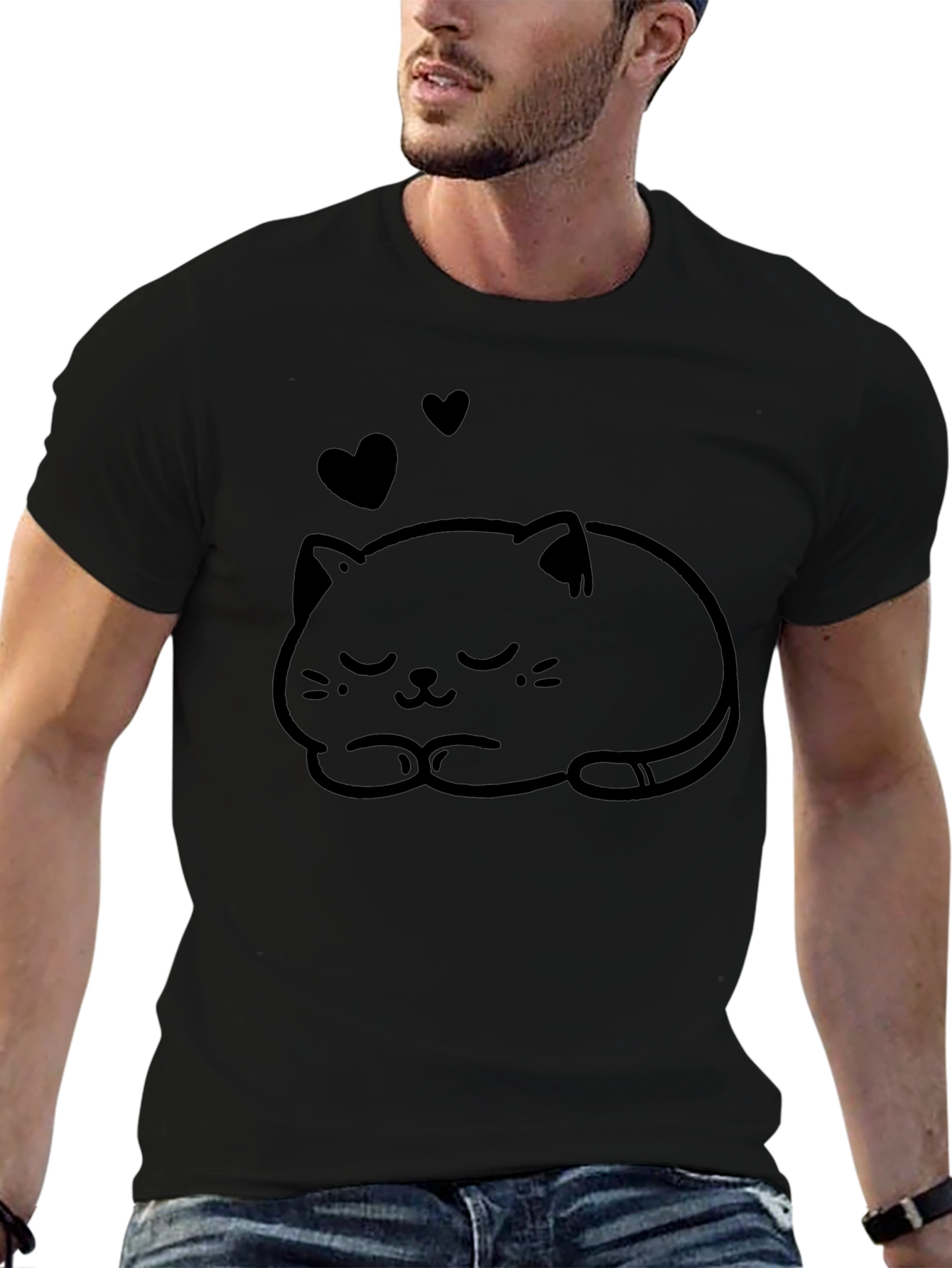 Cute Cat Nap Graphic Tee - Soft Black T-Shirt