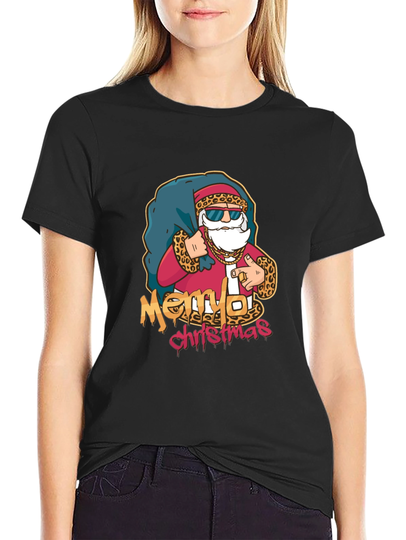 Cool Santa Merry Christmas Graphic Black T-Shirt