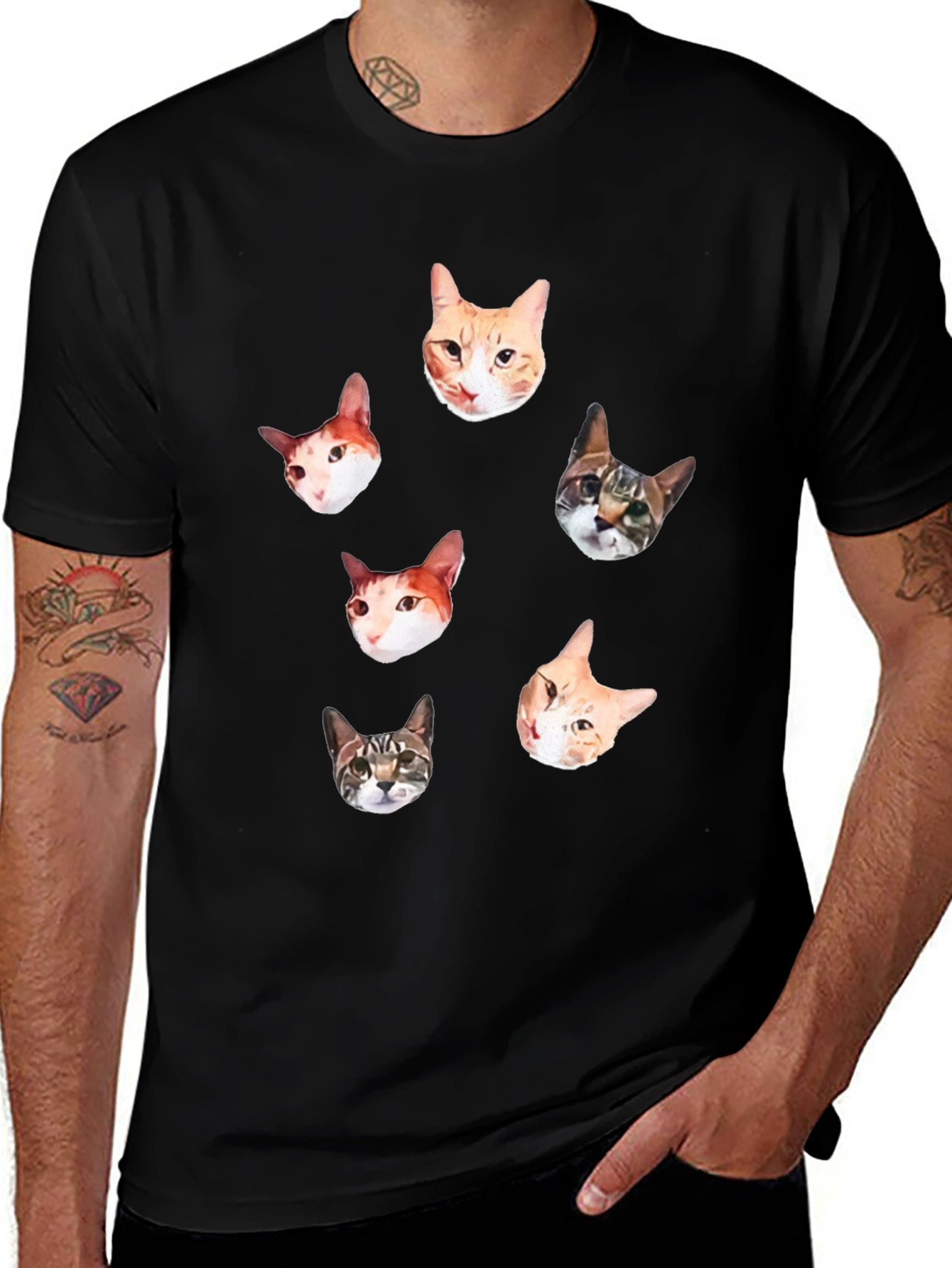 Mens Black T-Shirt with Cat Faces Print