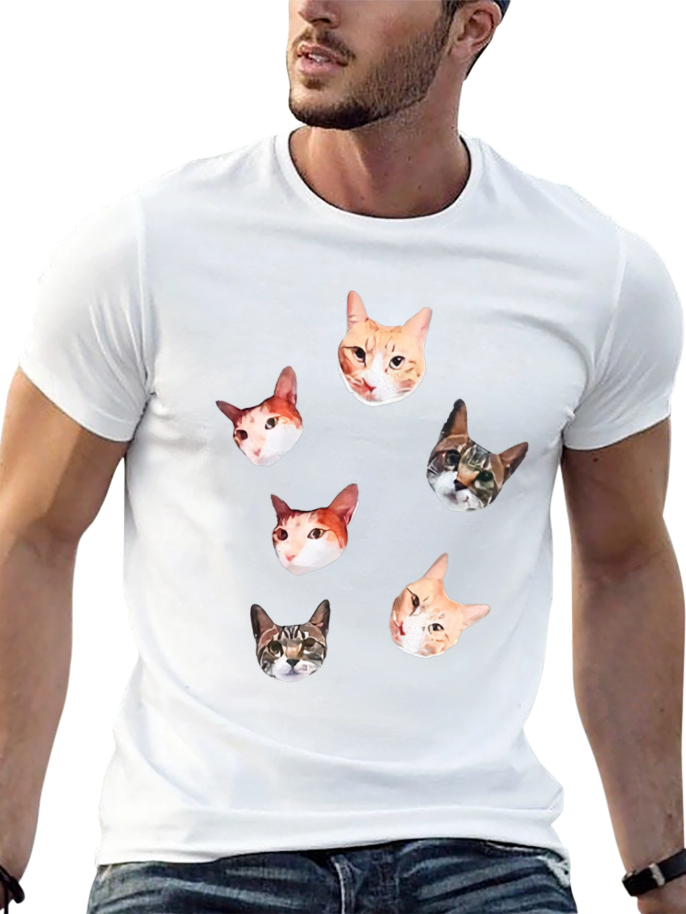 Mens Black T-Shirt with Cat Faces Print