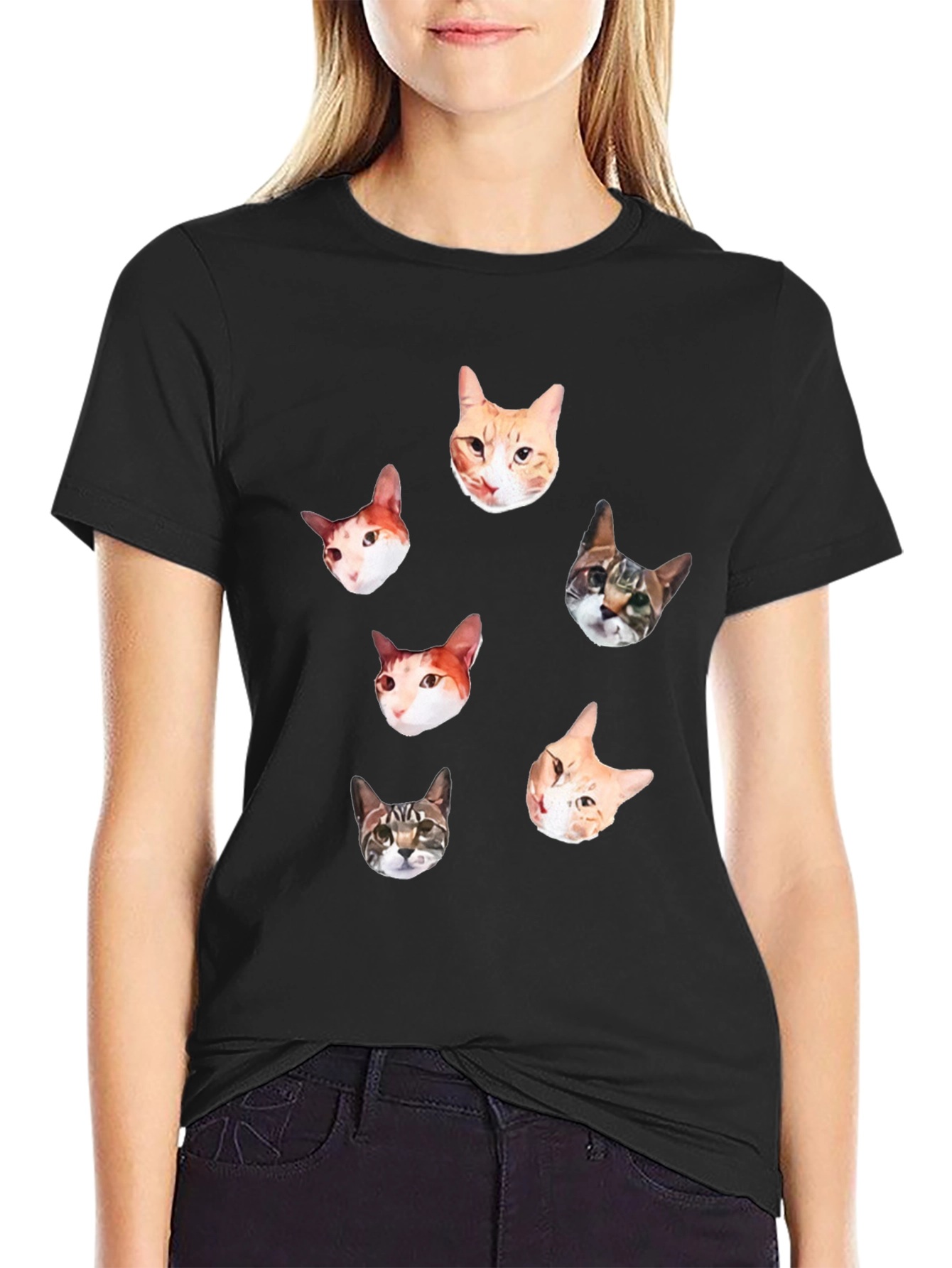 Mens Black T-Shirt with Cat Faces Print