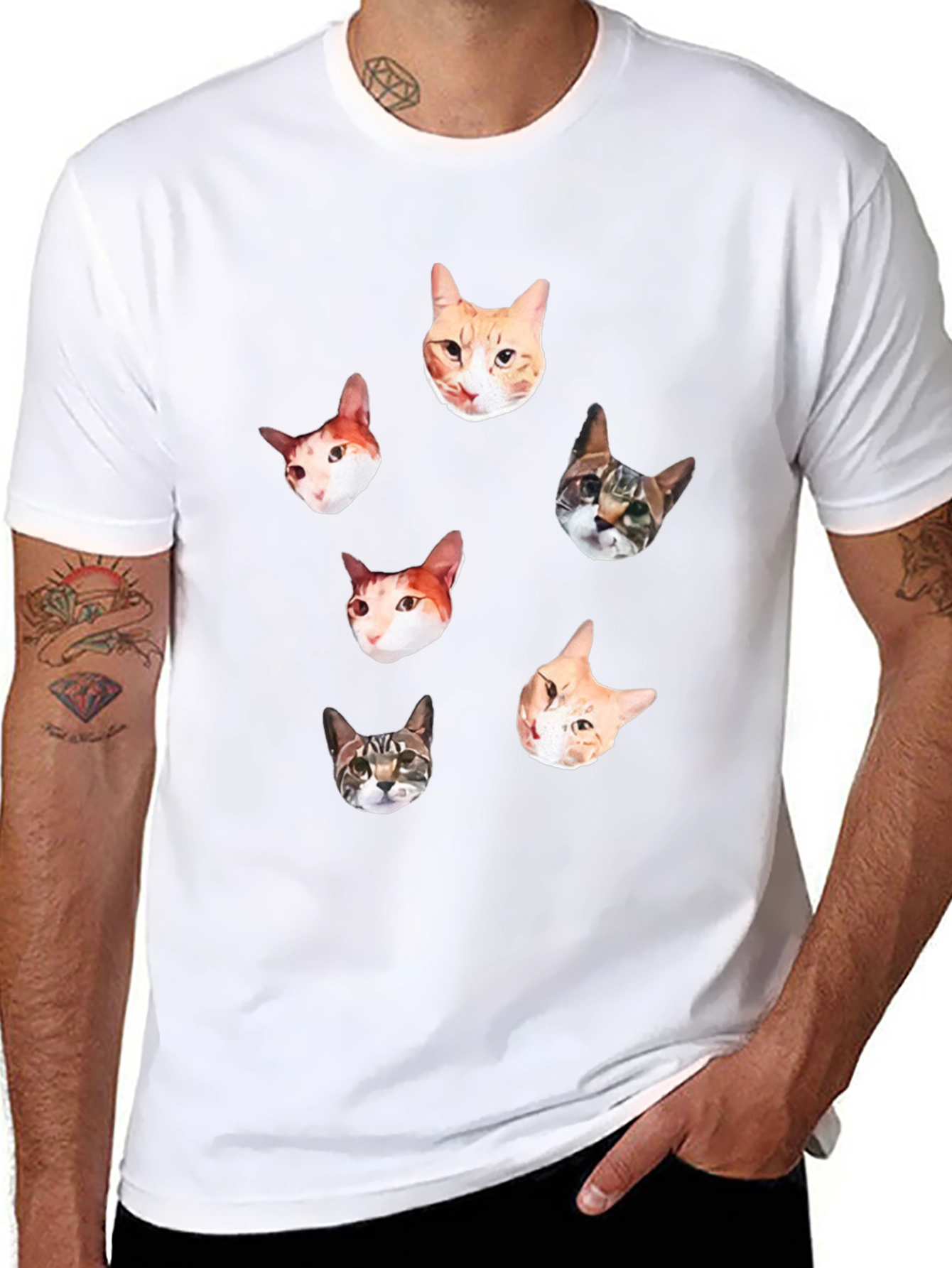 Mens Black T-Shirt with Cat Faces Print