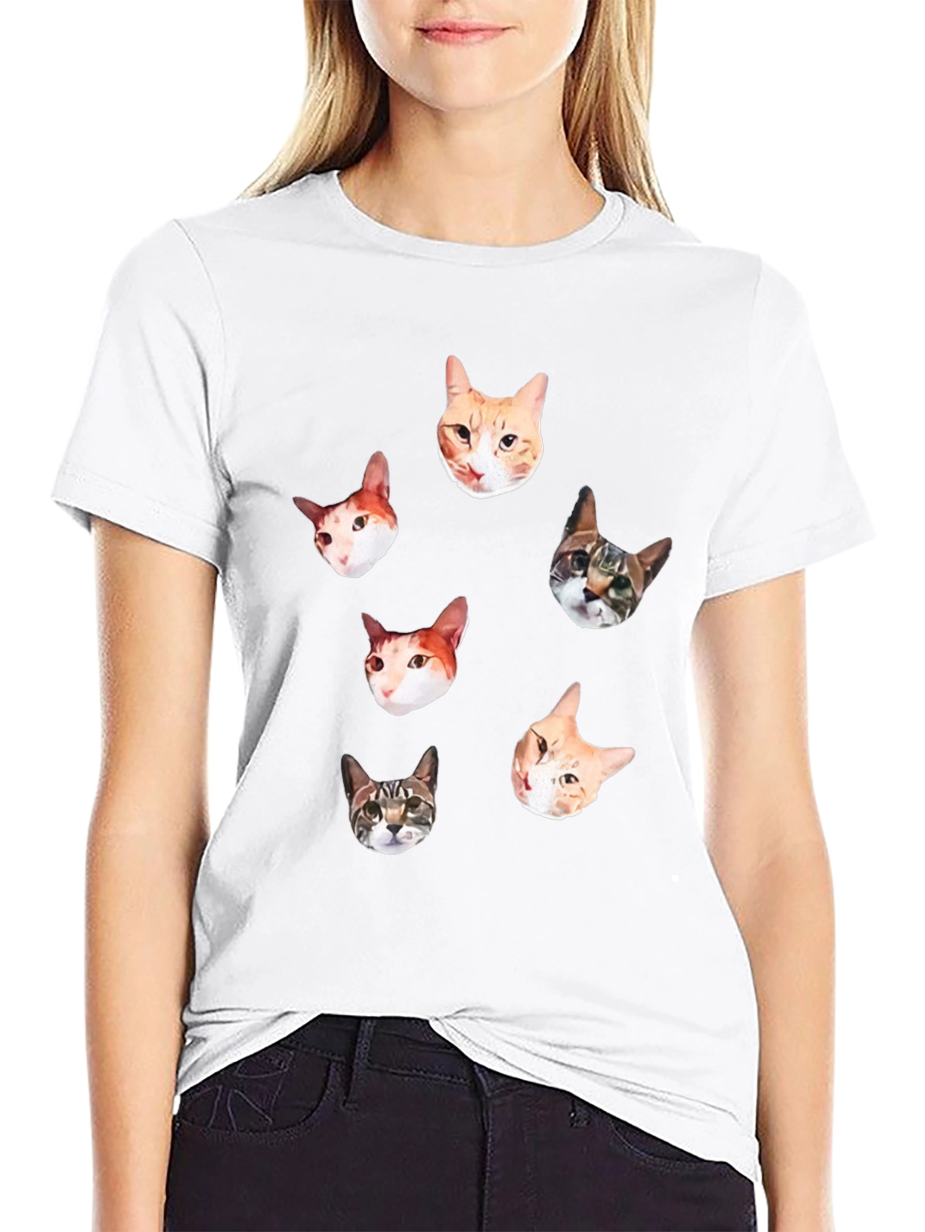 Mens Black T-Shirt with Cat Faces Print