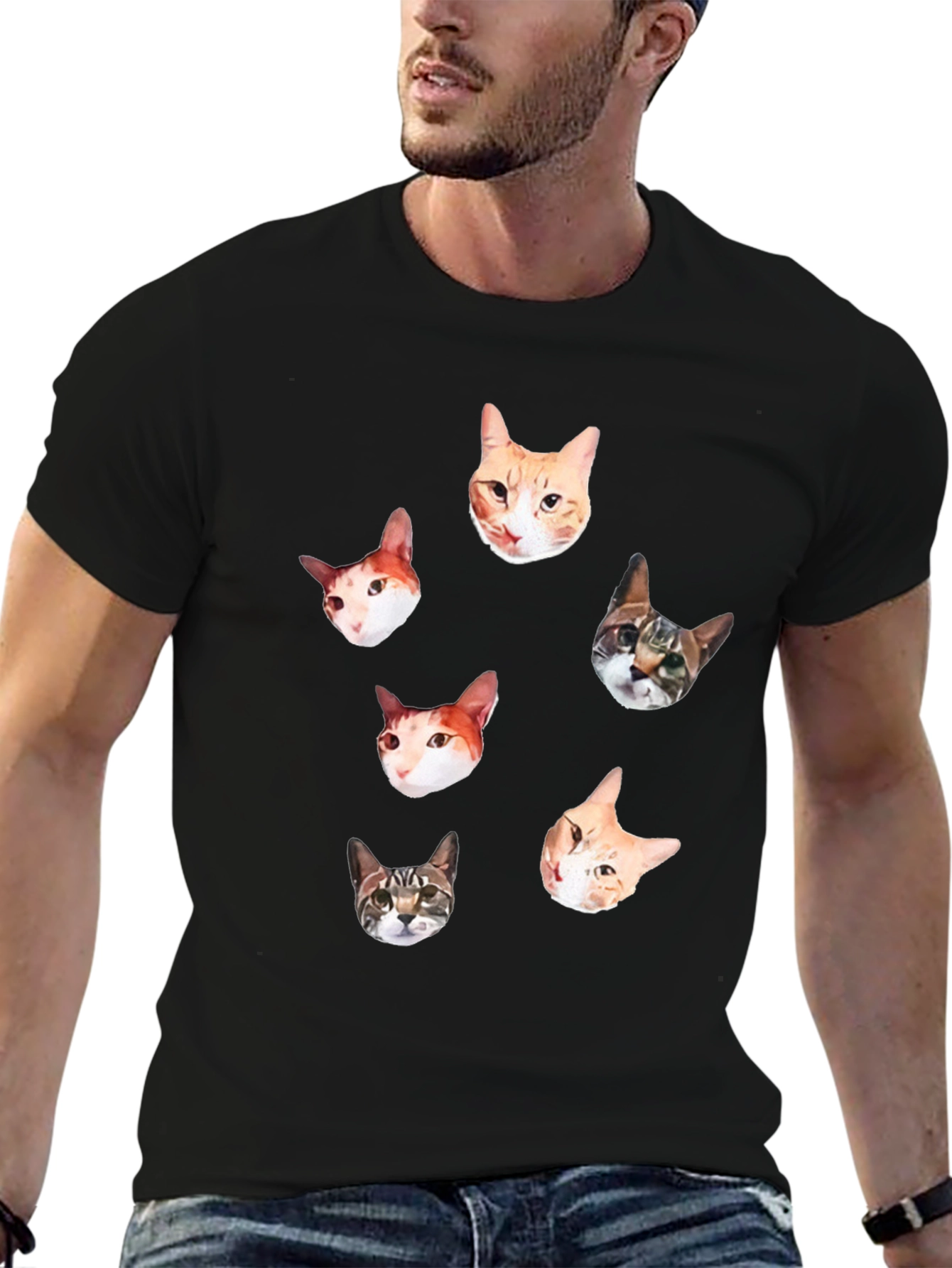 Mens Black T-Shirt with Cat Faces Print