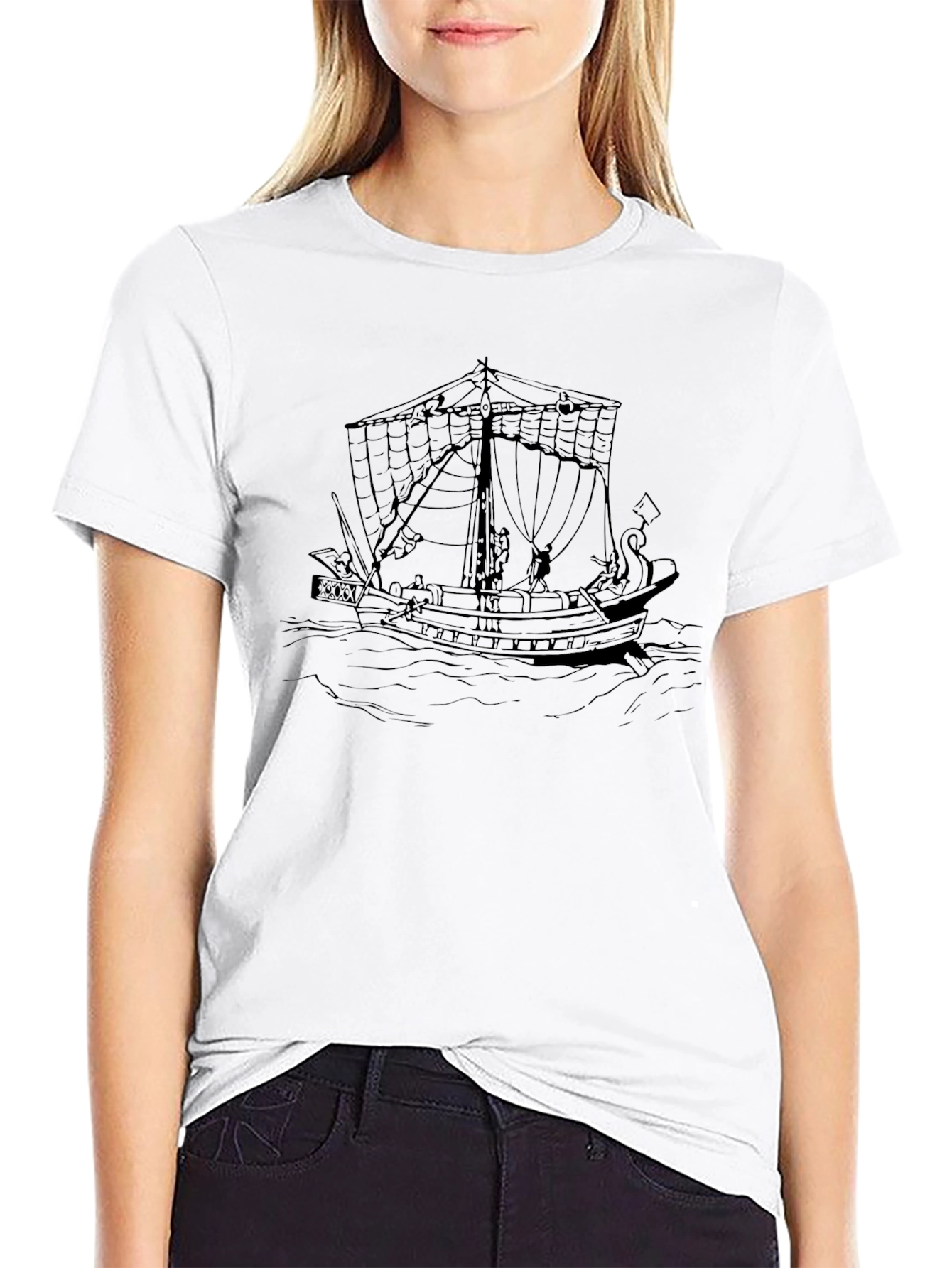 Black T-Shirt with Ship Graphic