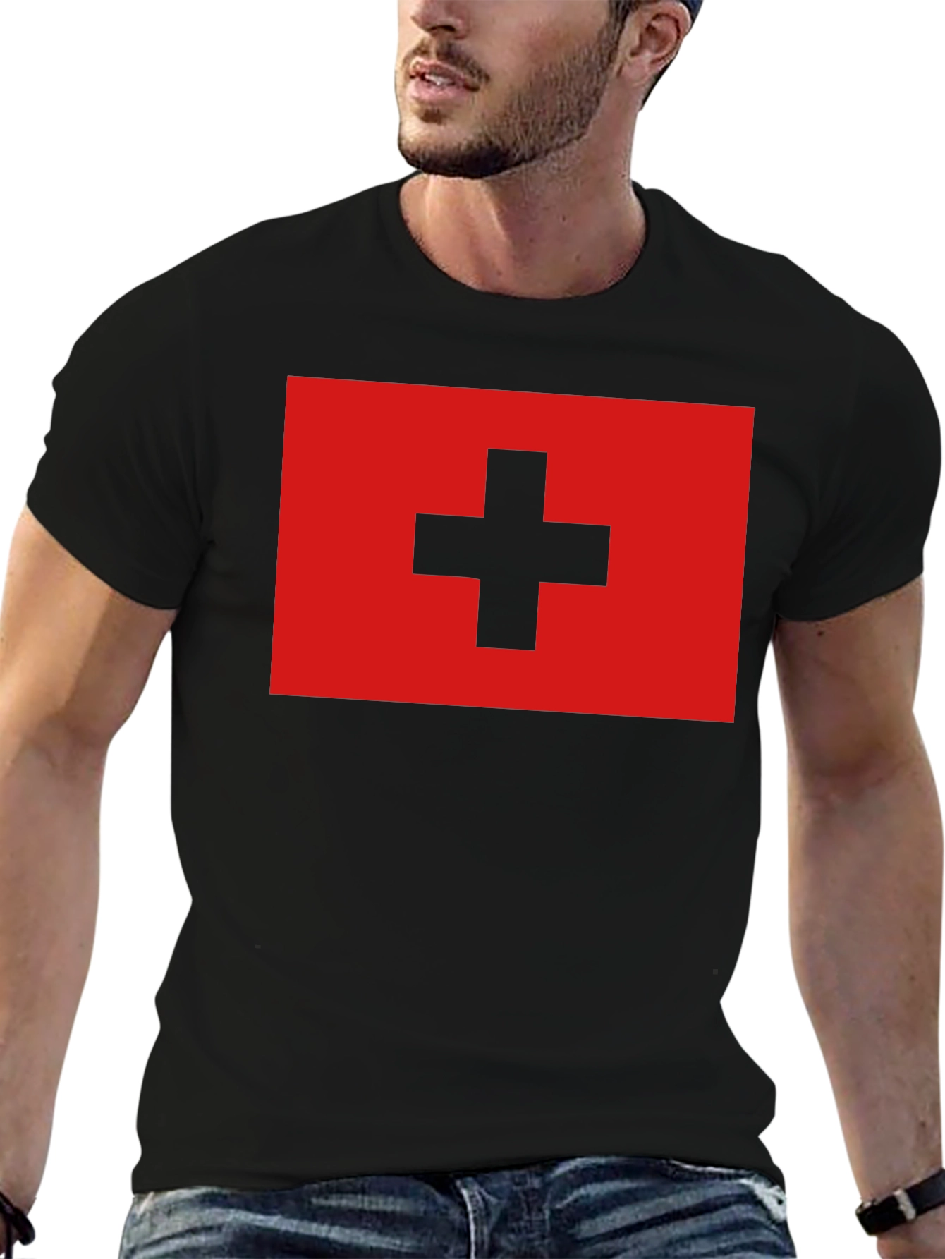 Swiss Flag T-Shirt - Black Cotton Tee