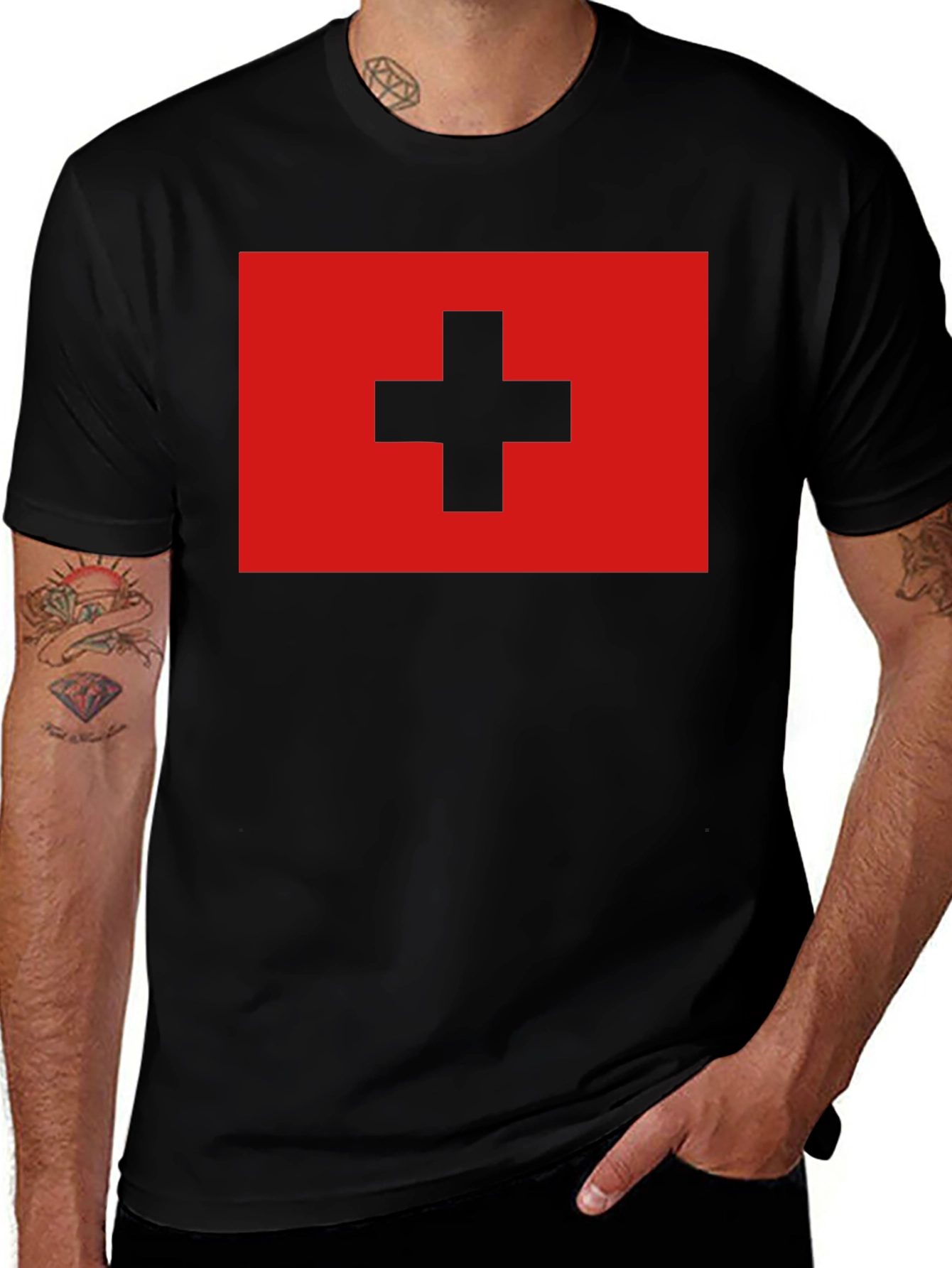 Swiss Flag T-Shirt - Black Cotton Tee