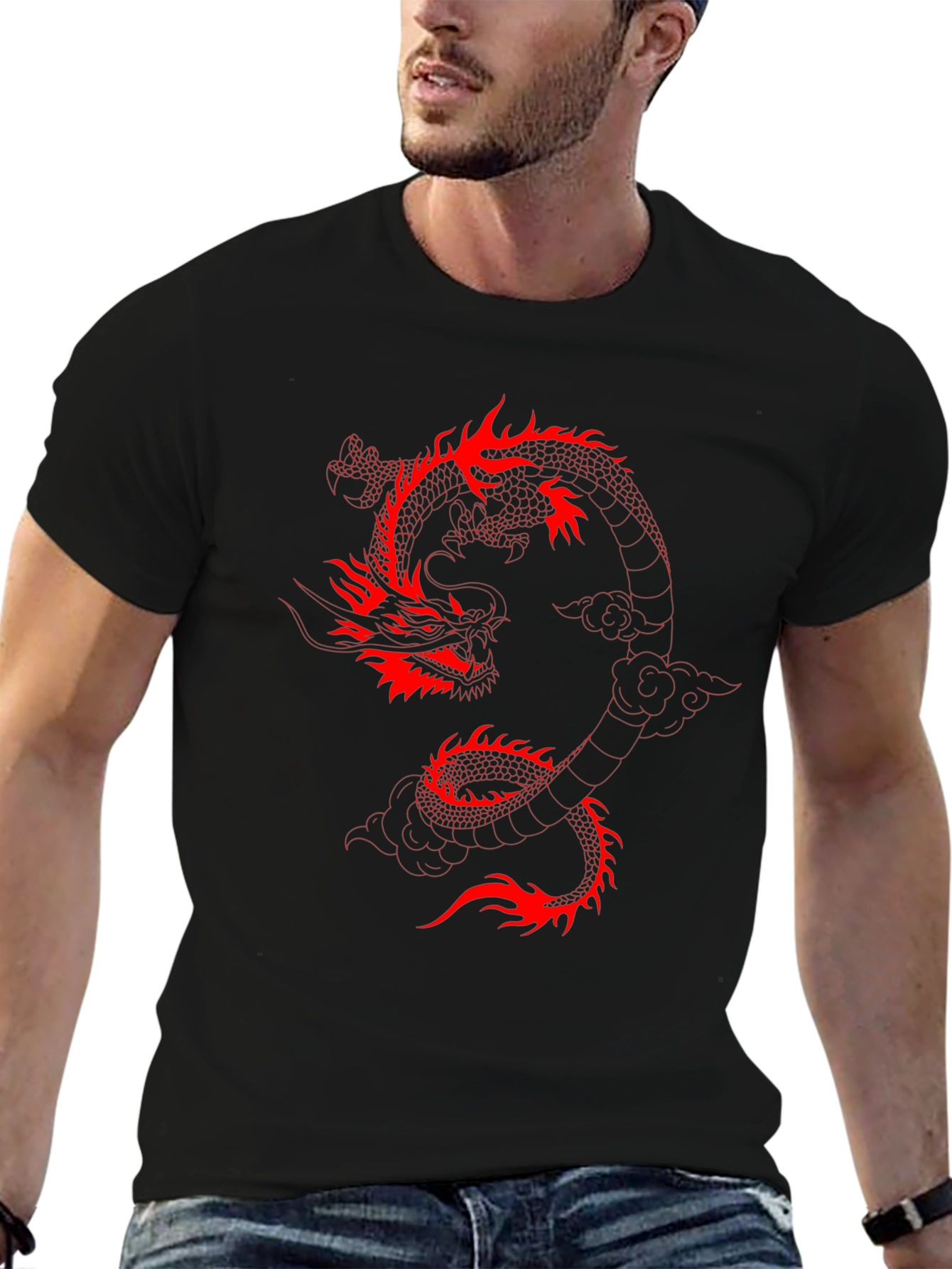 Black T-Shirt with Red Dragon Graphic