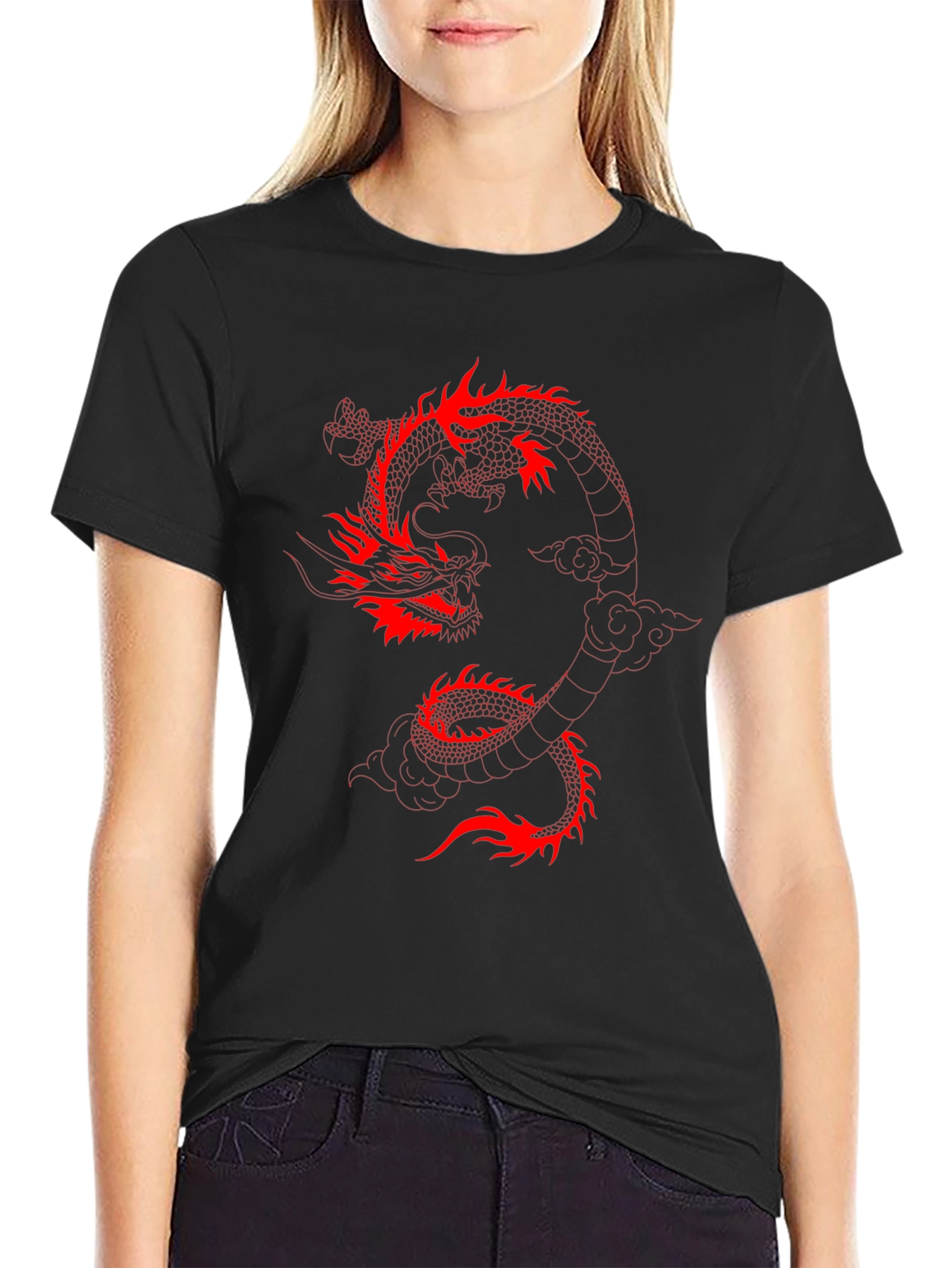 Black T-Shirt with Red Dragon Graphic