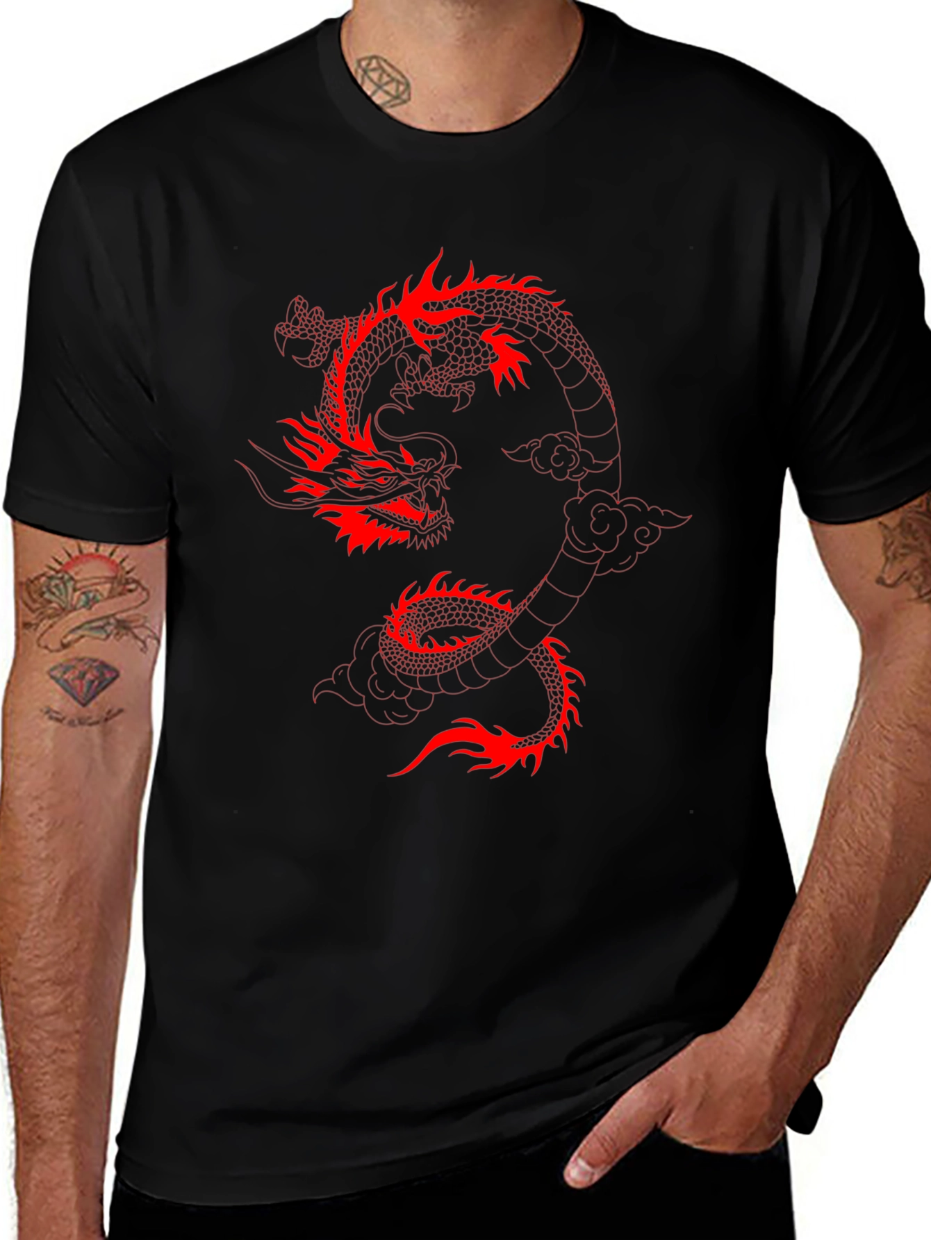 Black T-Shirt with Red Dragon Graphic