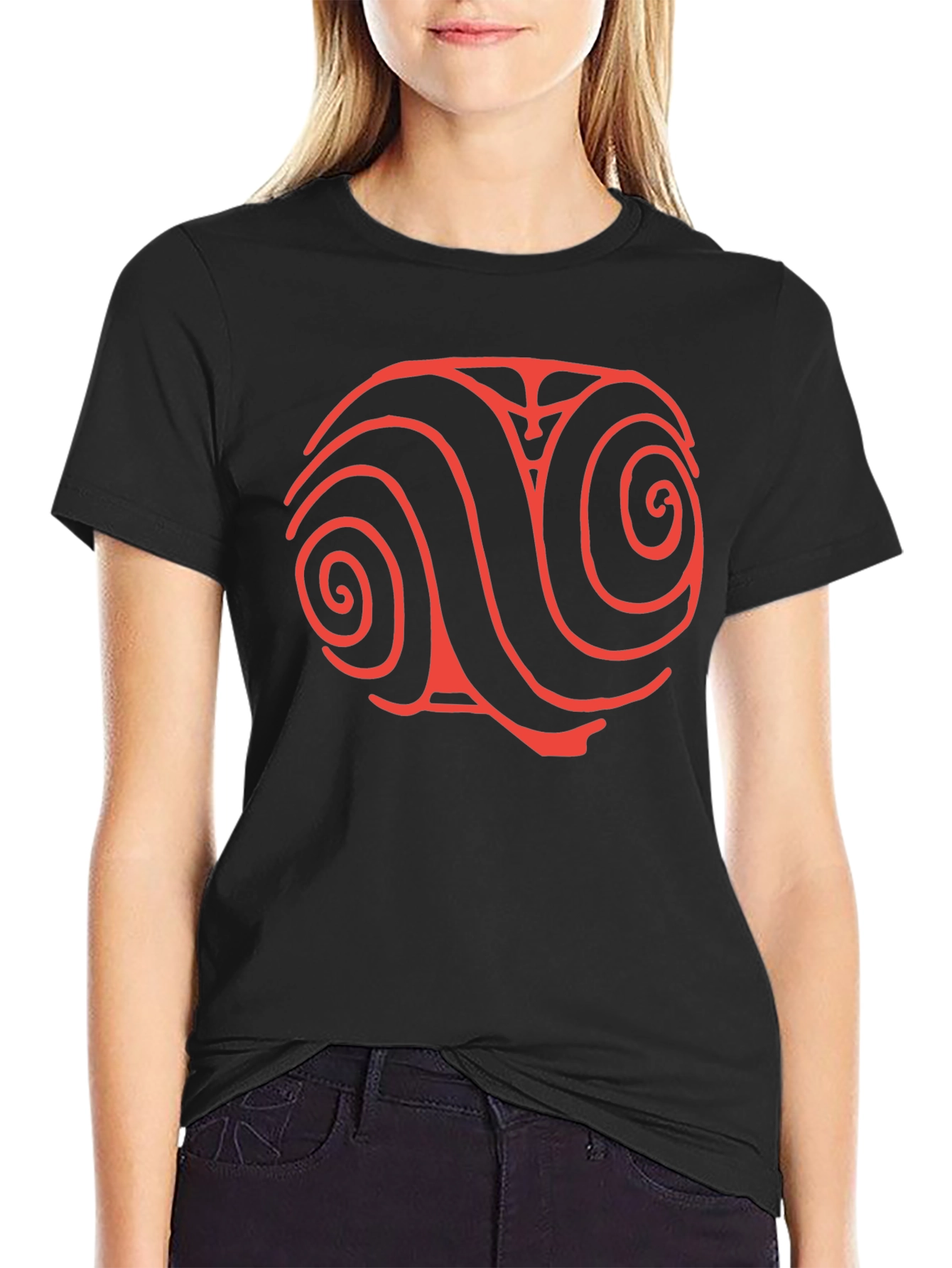 Red Swirl Design Black T-Shirt