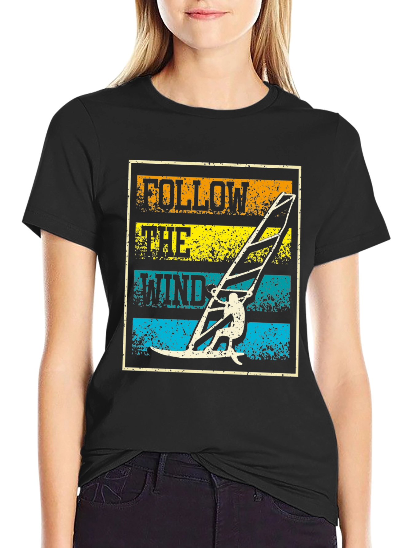 Follow The Wind Black T-Shirt Windsurfing Design