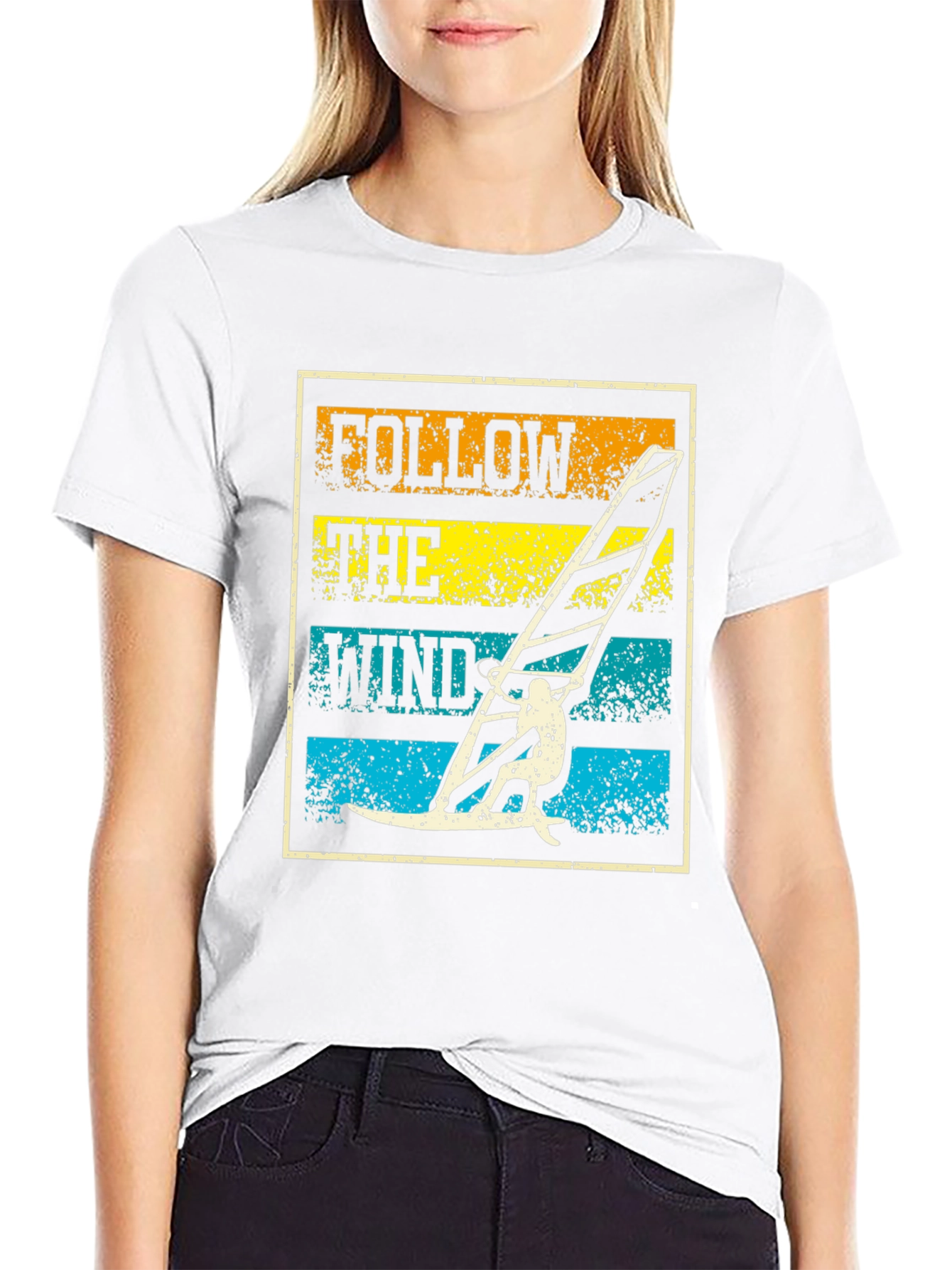 Follow The Wind Black T-Shirt Windsurfing Design