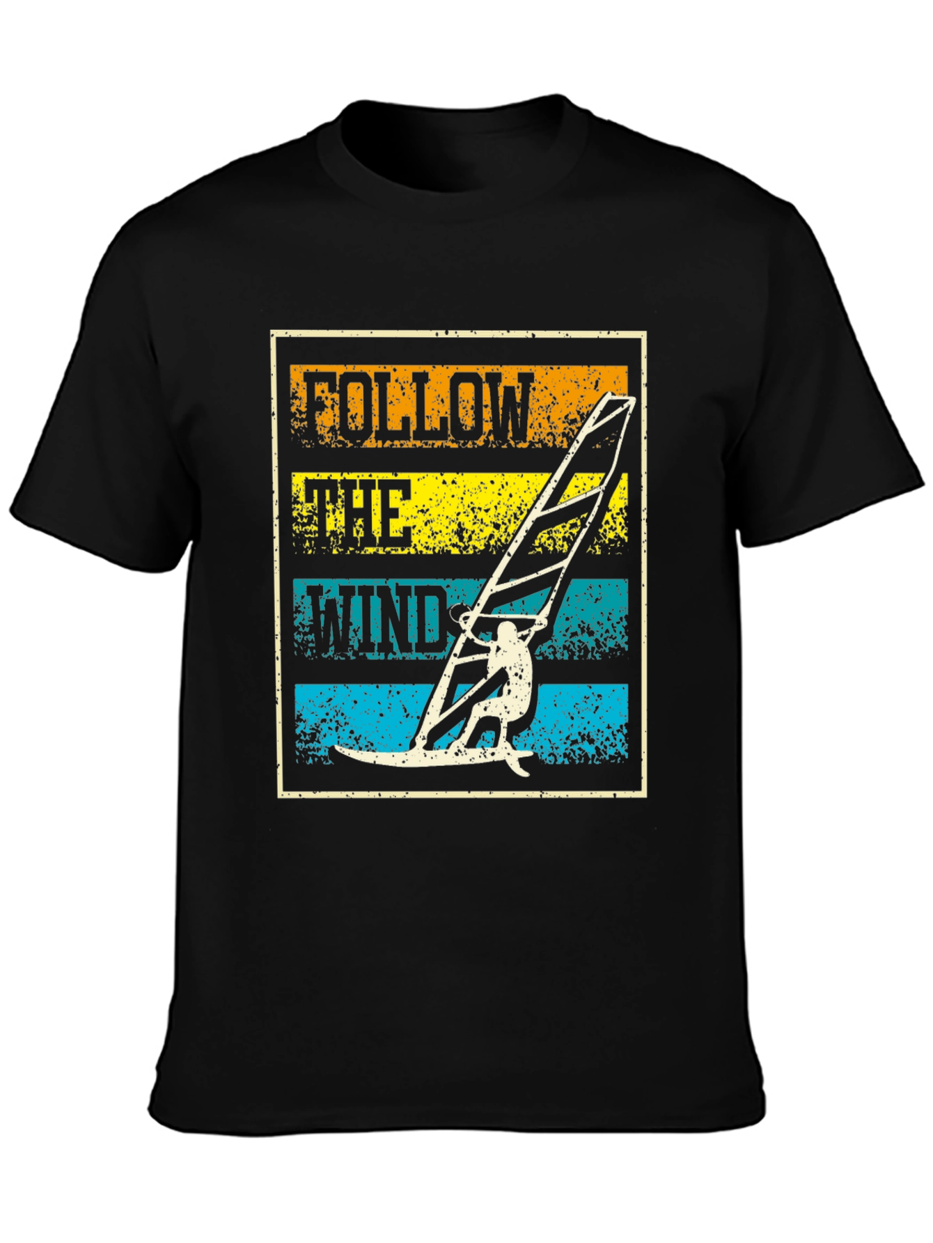 Follow The Wind Black T-Shirt Windsurfing Design