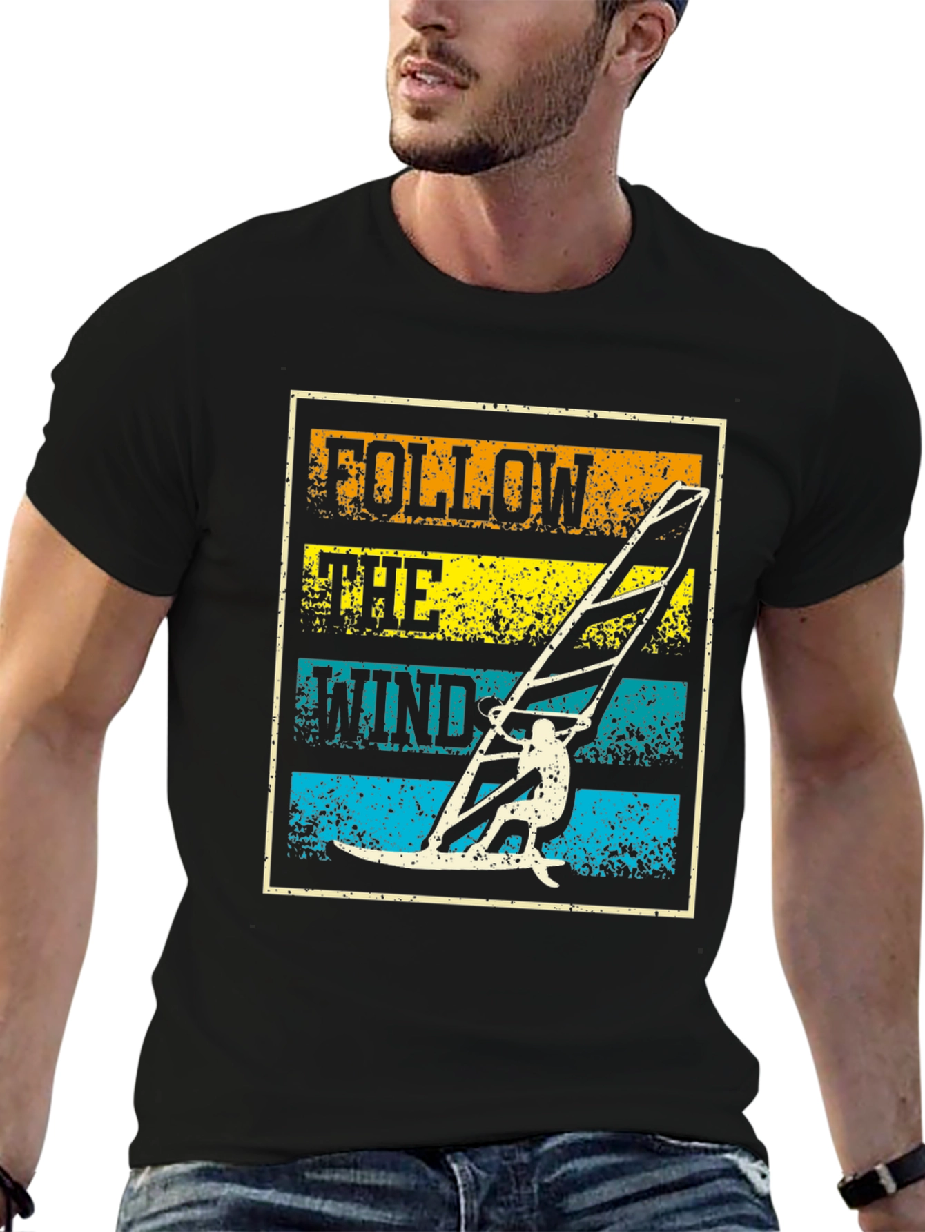 Follow The Wind Black T-Shirt Windsurfing Design
