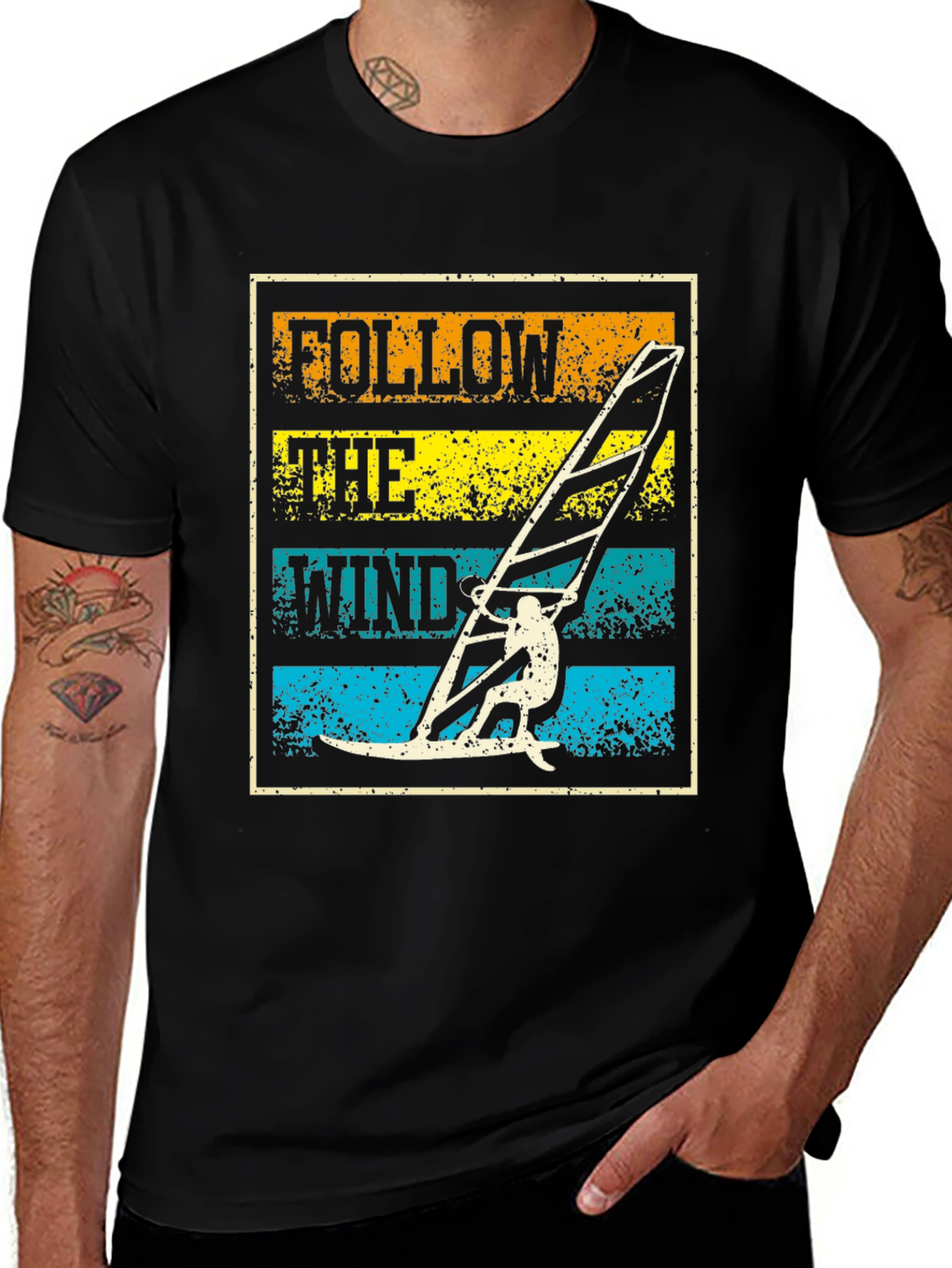 Follow The Wind Black T-Shirt Windsurfing Design