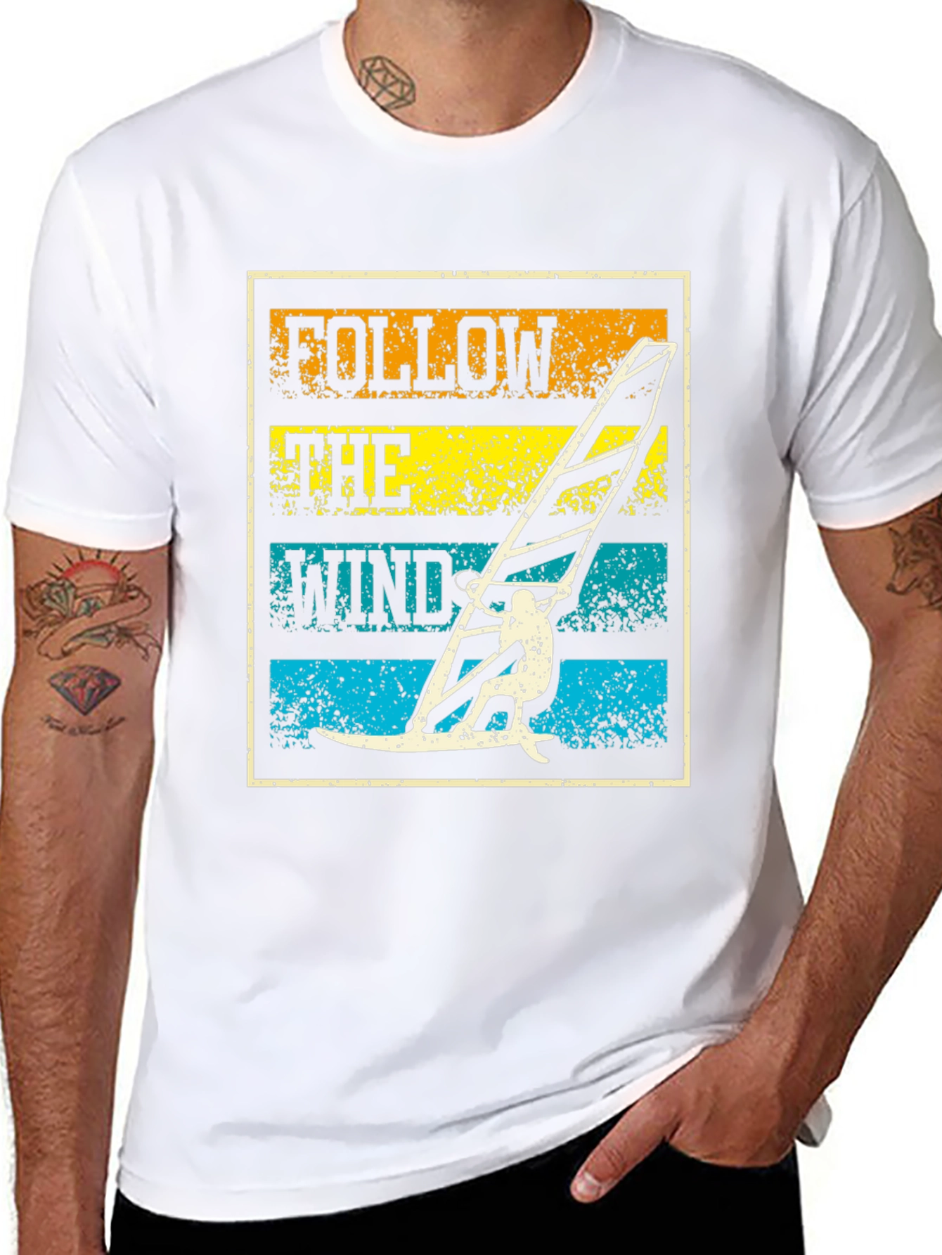 Follow The Wind Black T-Shirt Windsurfing Design