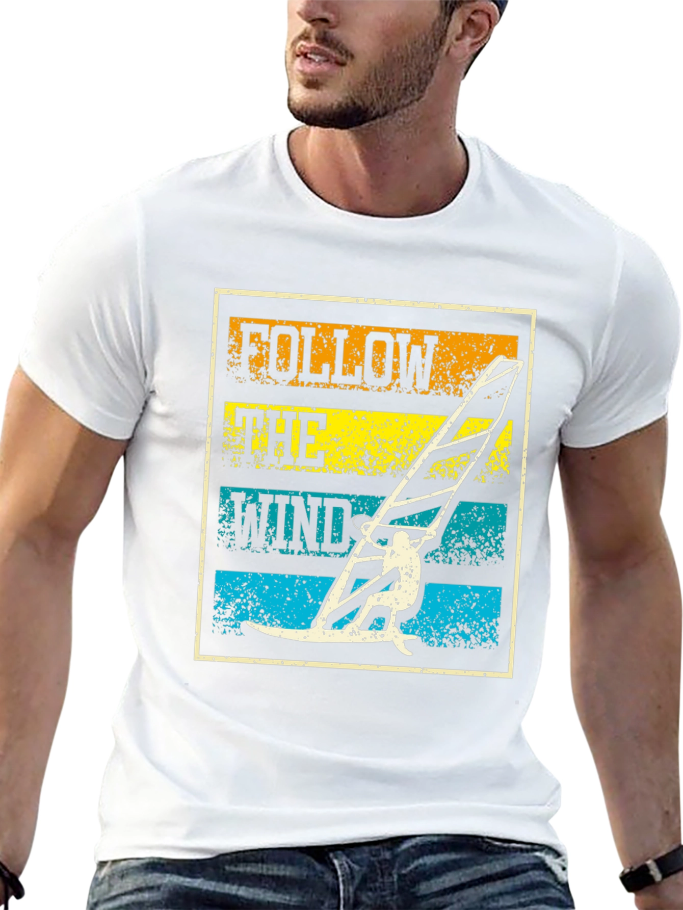 Follow The Wind Black T-Shirt Windsurfing Design