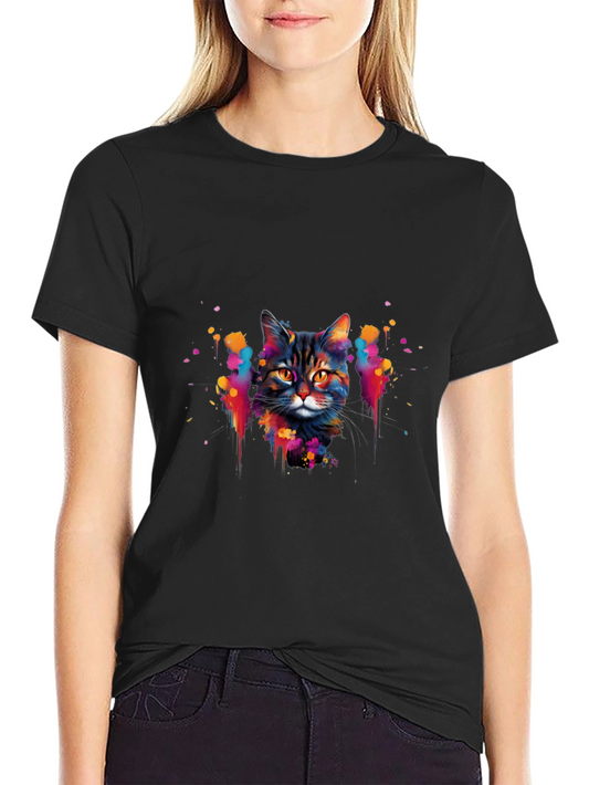 Colorful Cat Graphic Black T-Shirt