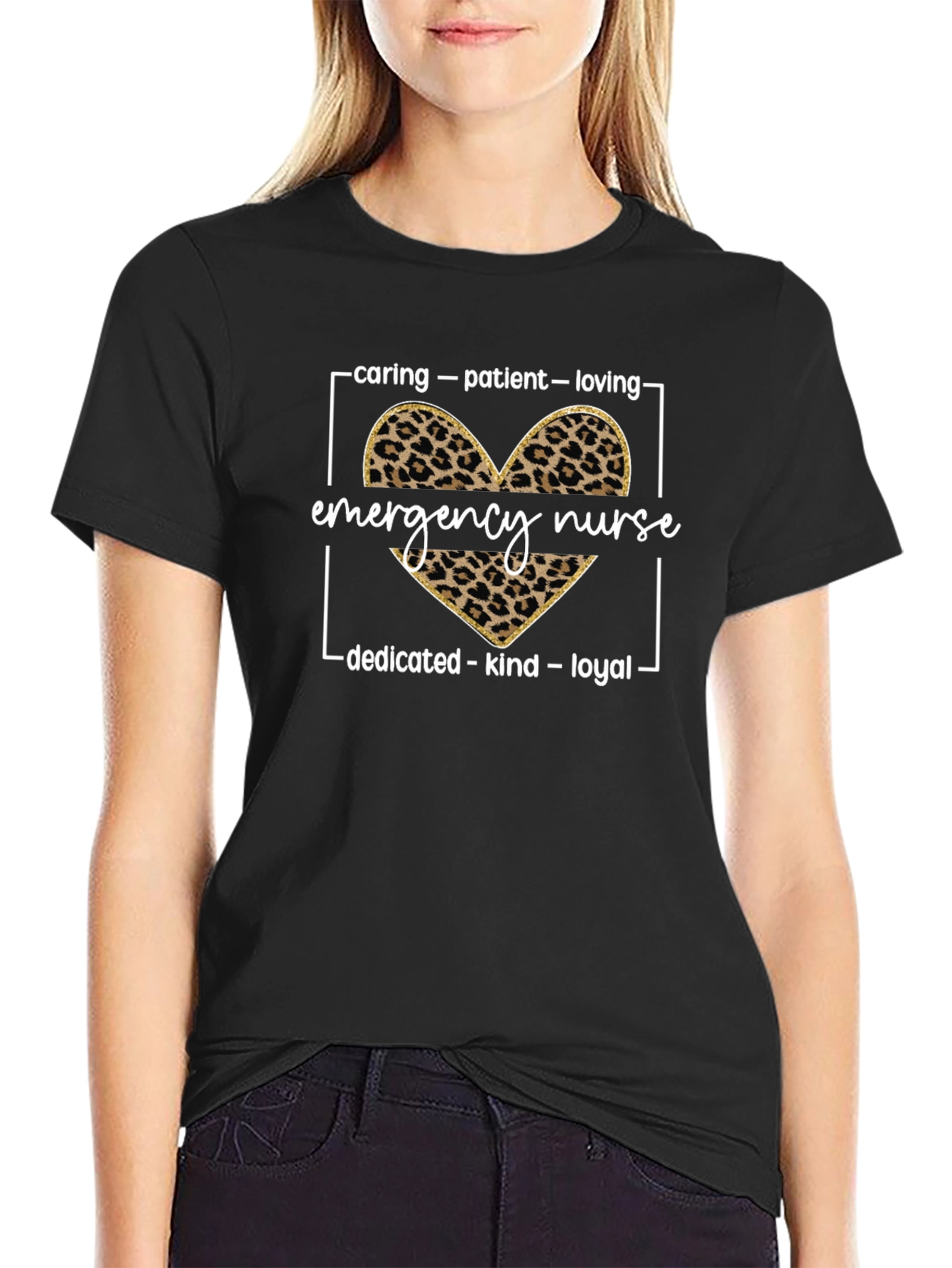 Emergency Nurse Leopard Heart Graphic T-Shirt