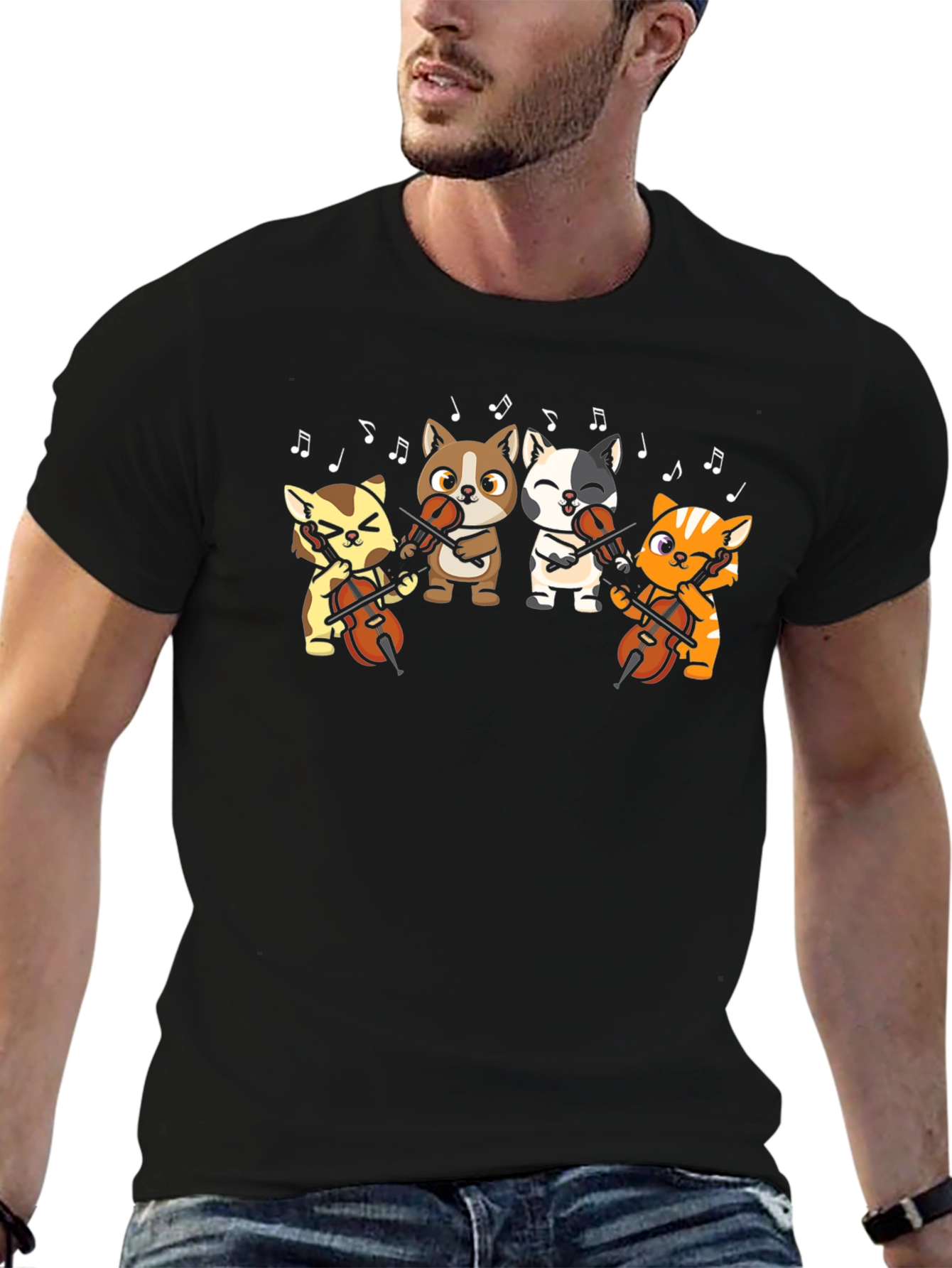 Cartoon Cats Cello Black T-Shirt