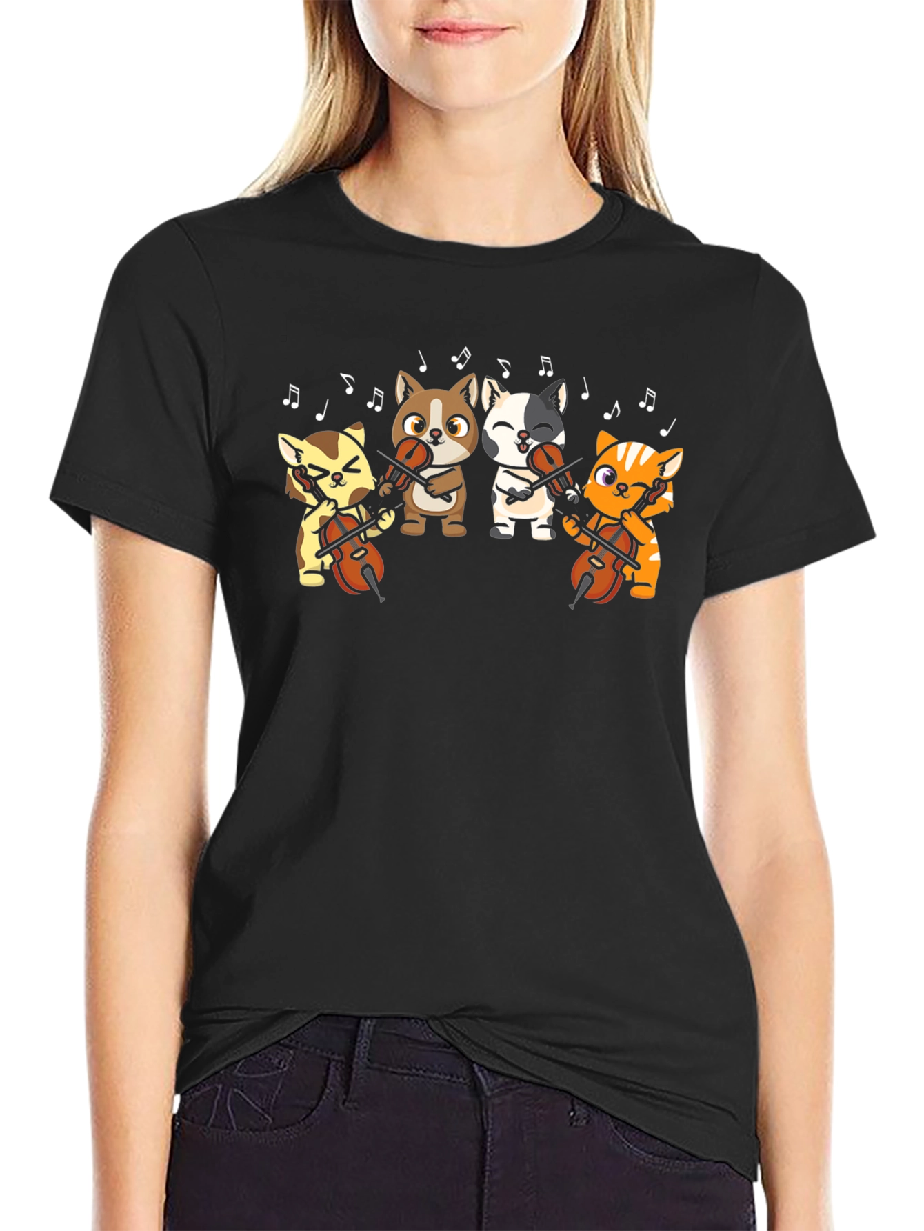 Cartoon Cats Cello Black T-Shirt