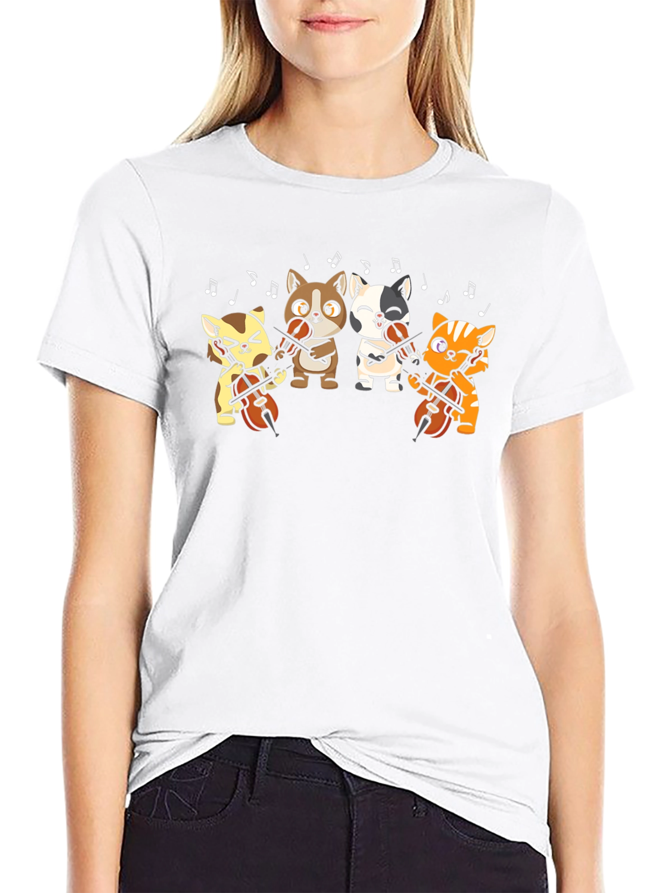 Cartoon Cats Cello Black T-Shirt