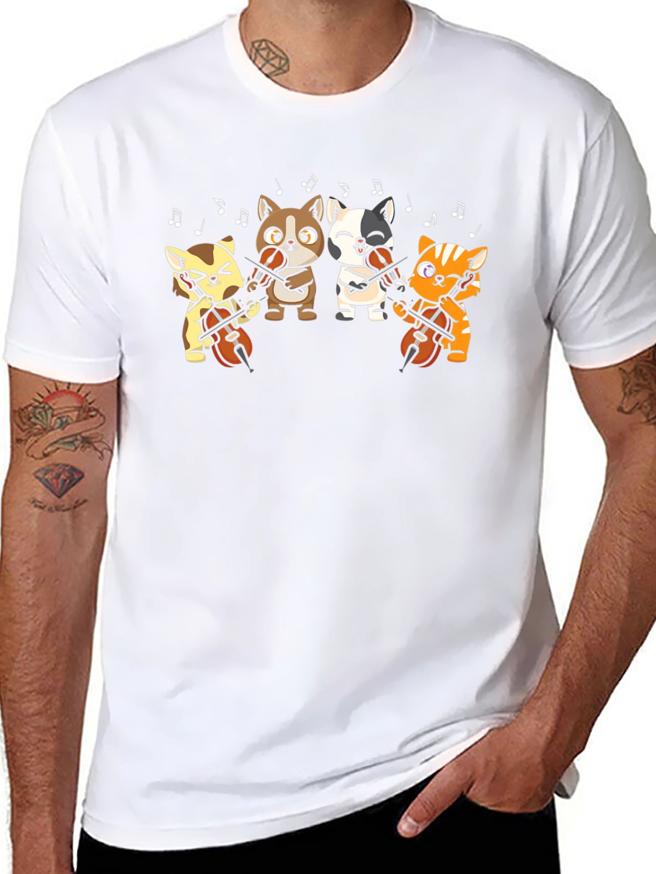 Cartoon Cats Cello Black T-Shirt