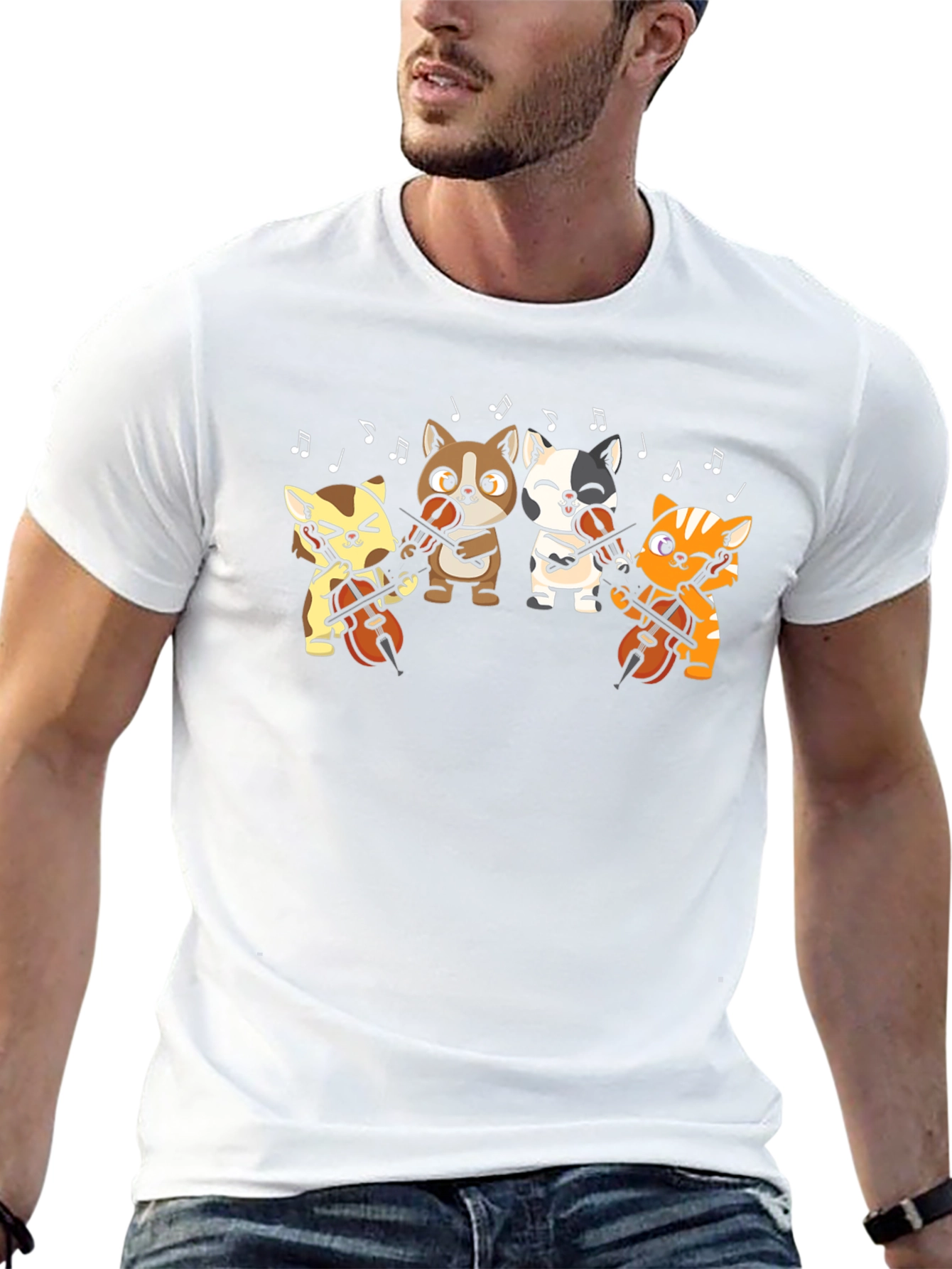 Cartoon Cats Cello Black T-Shirt