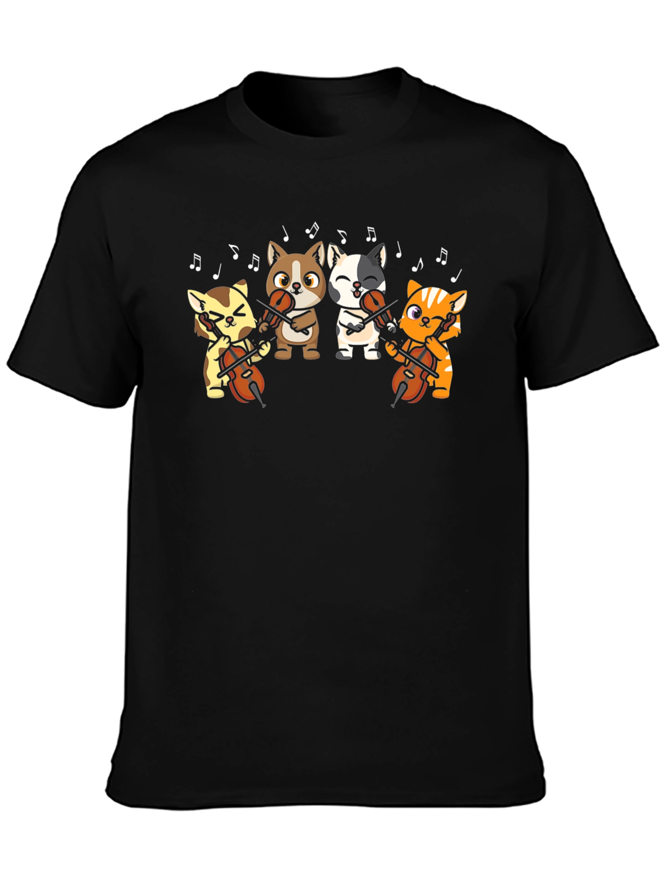 Cartoon Cats Cello Black T-Shirt