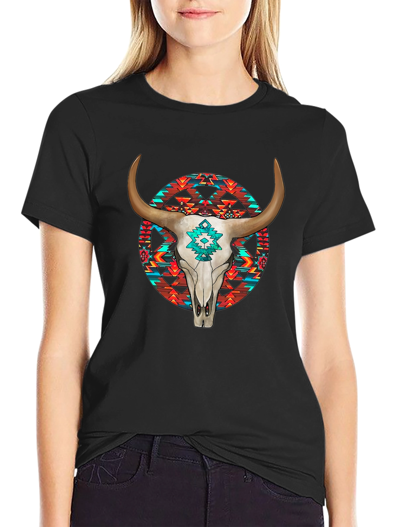 Cow Skull Graphic Print Black T-Shirt