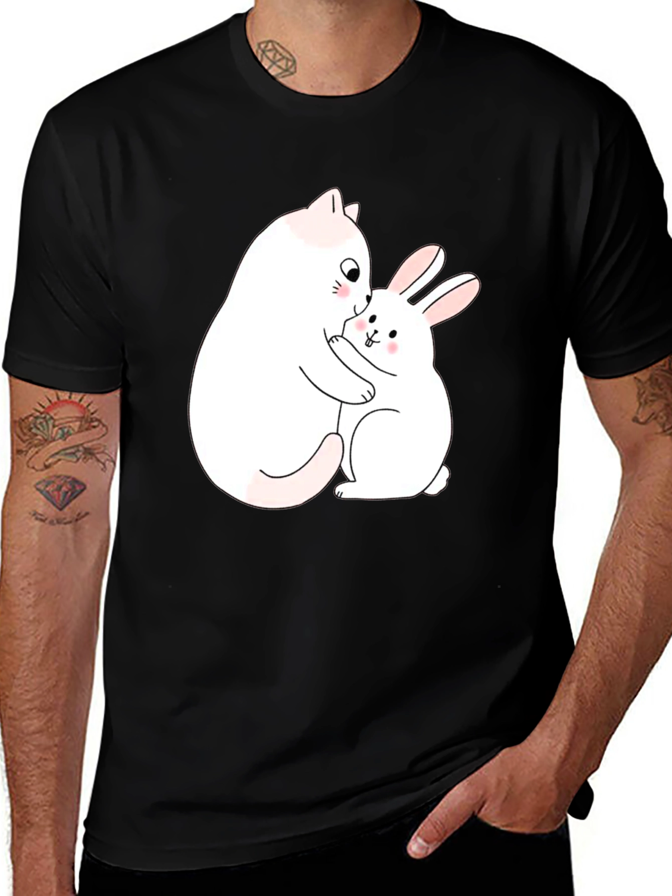 Cute Cat & Bunny Hug Black T-Shirt