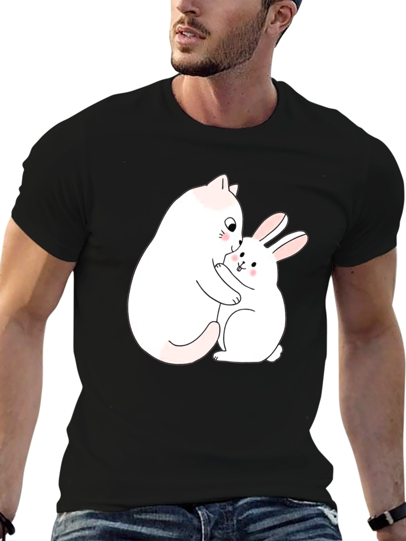 Cute Cat & Bunny Hug Black T-Shirt