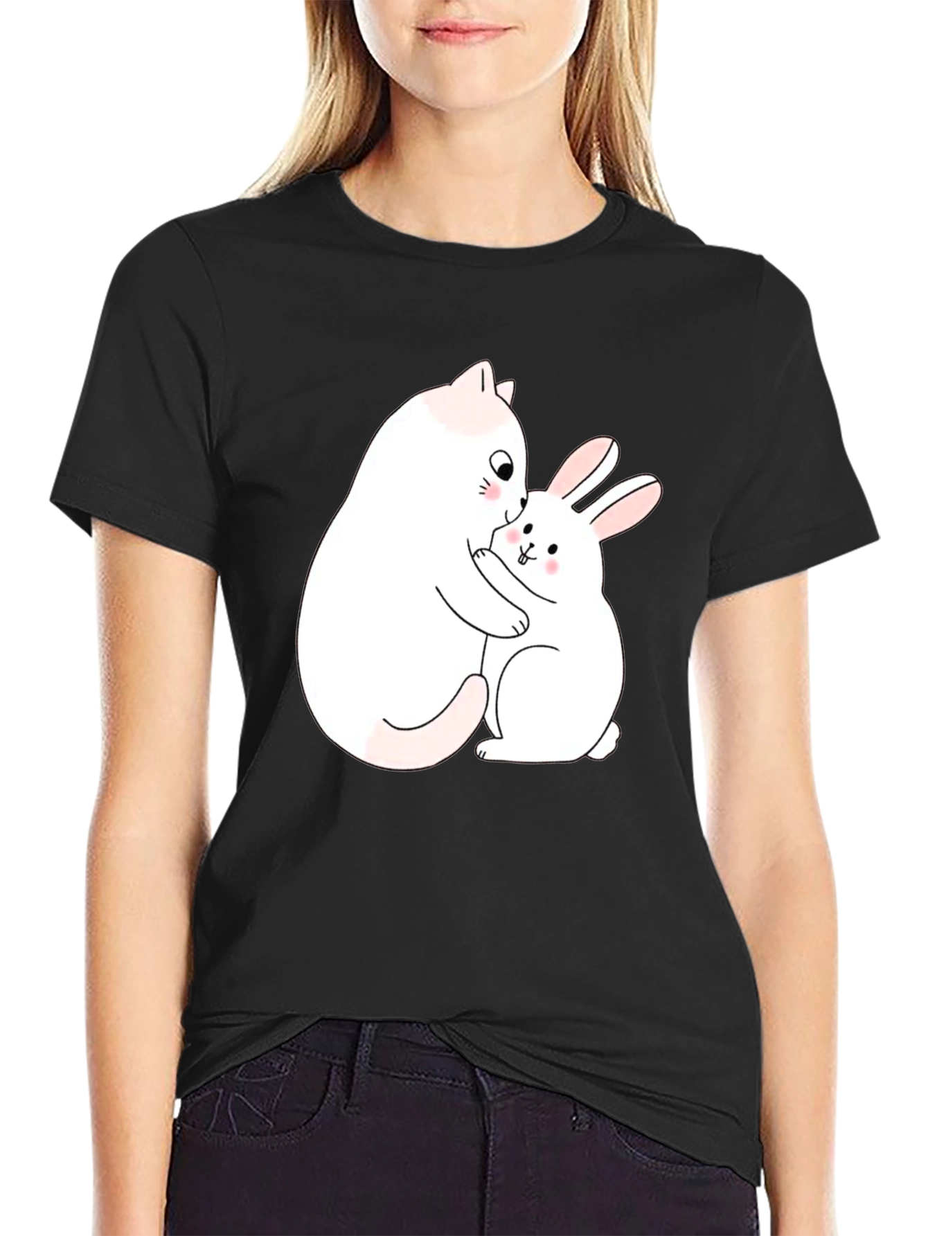 Cute Cat & Bunny Hug Black T-Shirt