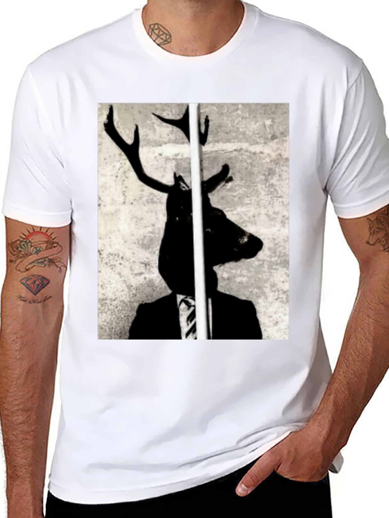 Deer Head Suit Graphic Tee - Unique Art T-Shirt