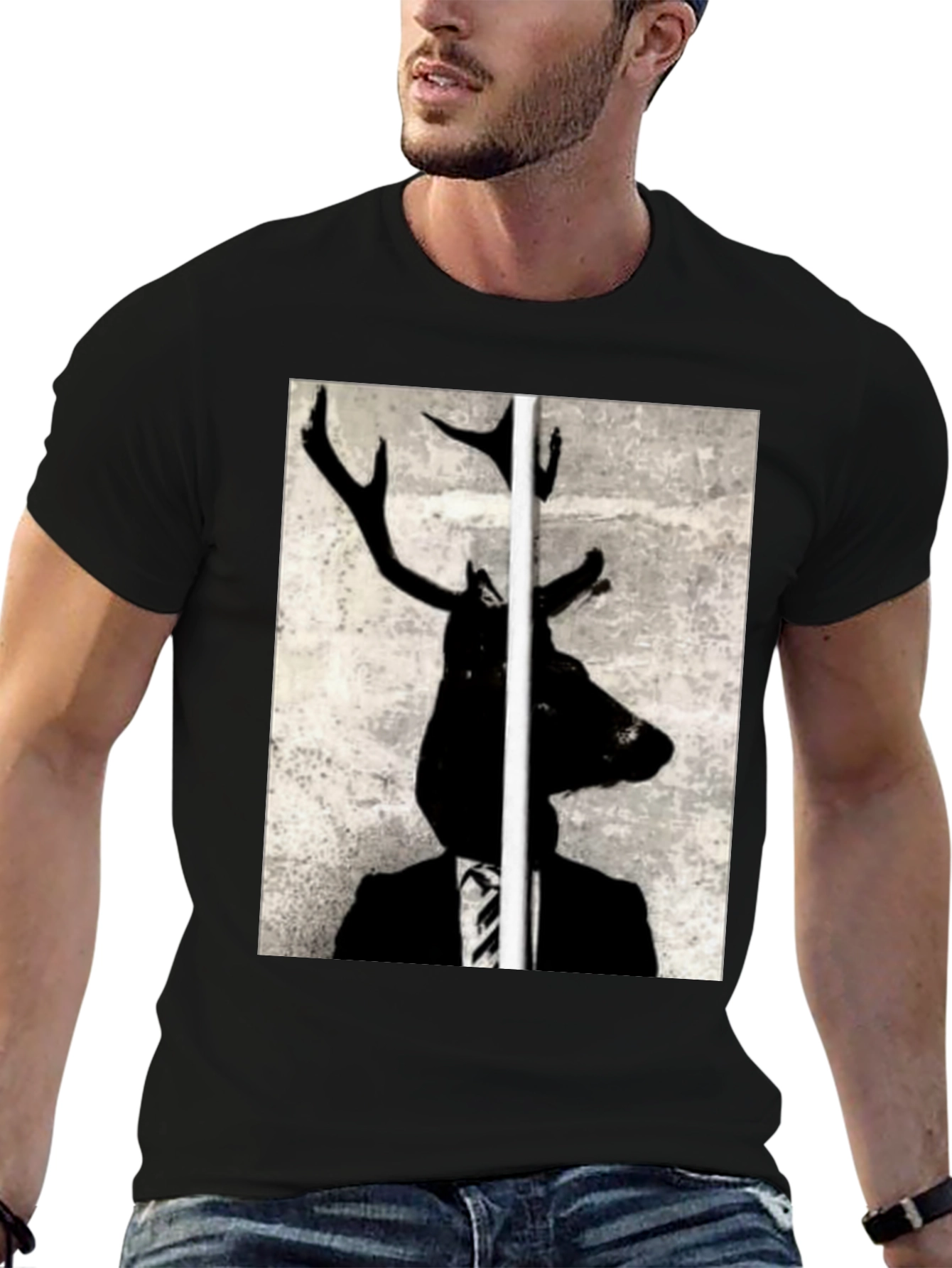 Deer Head Suit Graphic Tee - Unique Art T-Shirt