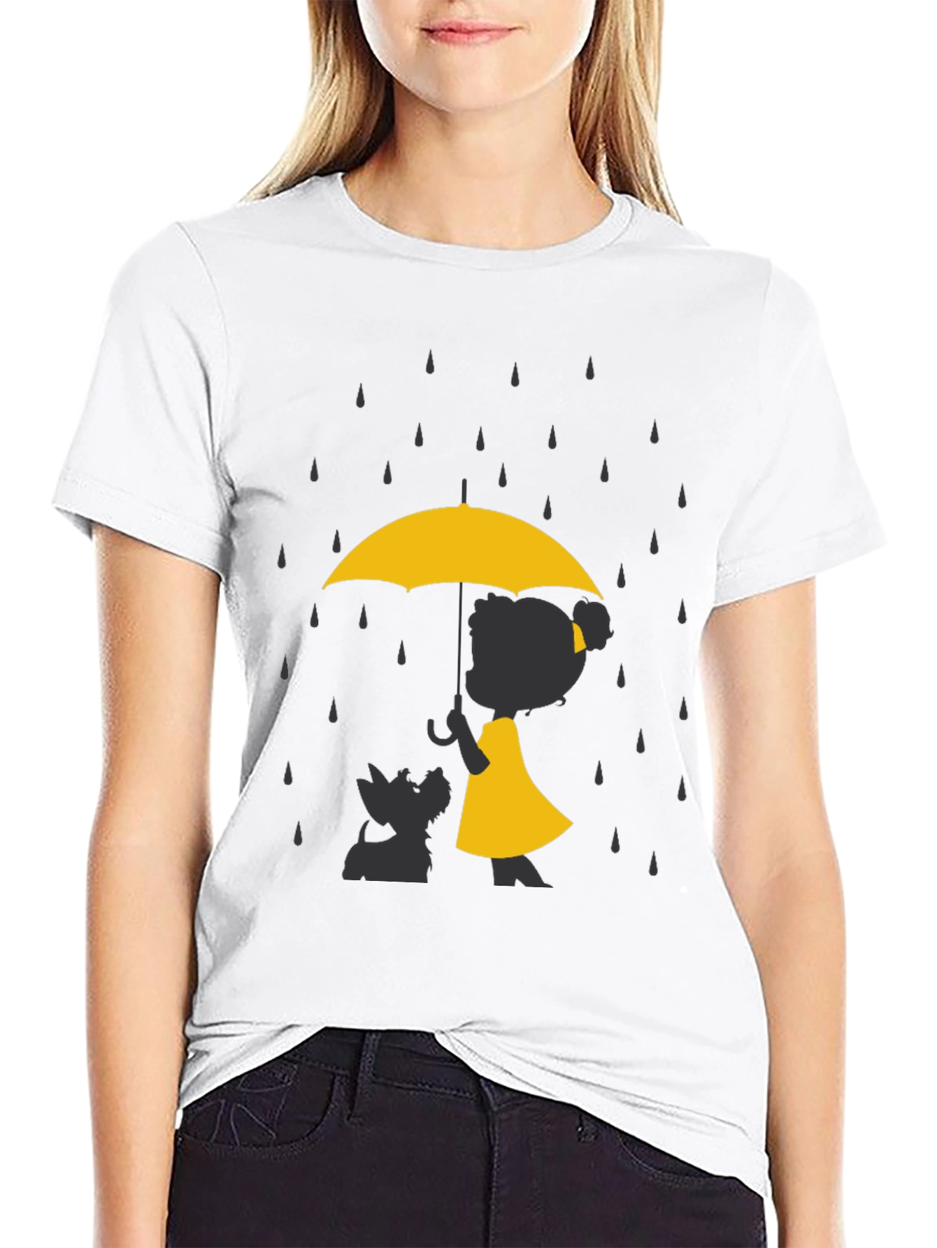 Yellow Umbrella T-Shirt - Dog & Girl Silhouette