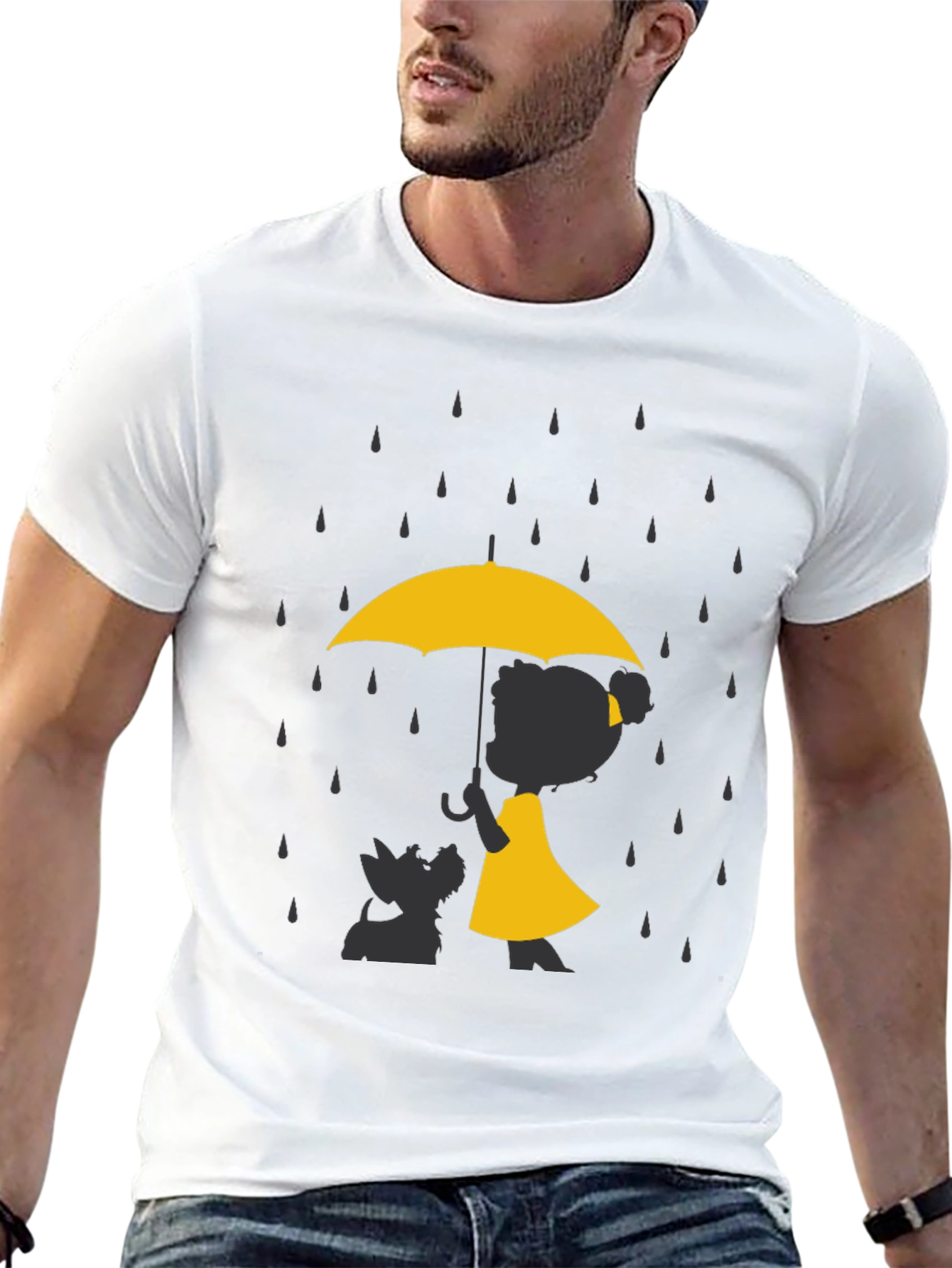 Yellow Umbrella T-Shirt - Dog & Girl Silhouette