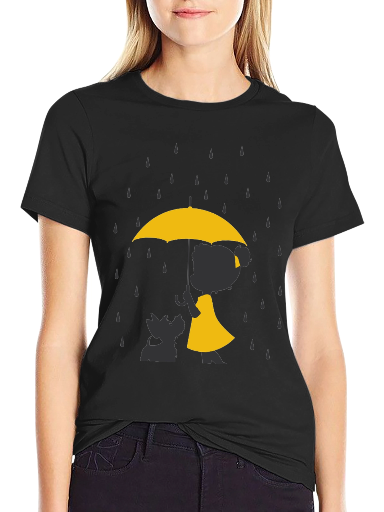 Yellow Umbrella T-Shirt - Dog & Girl Silhouette