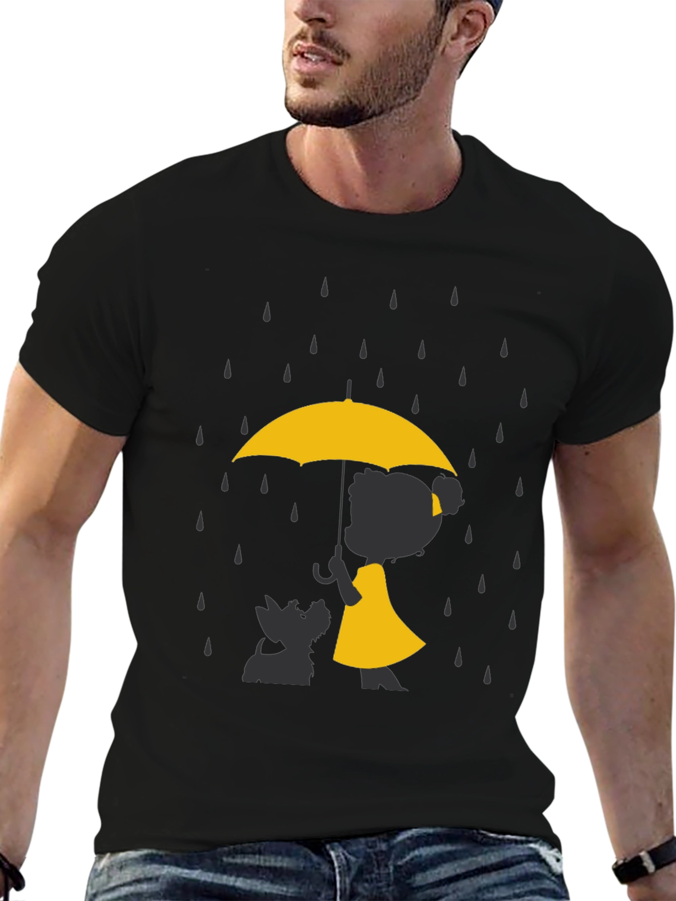 Yellow Umbrella T-Shirt - Dog & Girl Silhouette